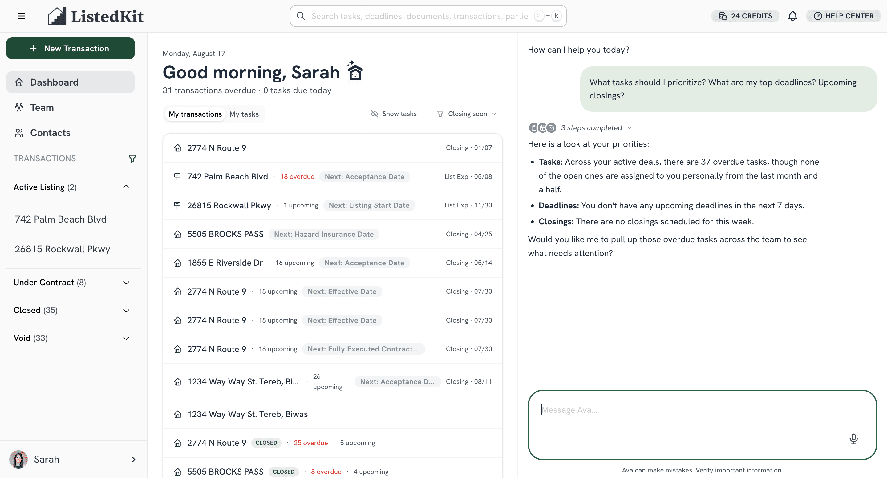 ListedKit Dashboard showing transactions by stage alongside the Ava chat panel