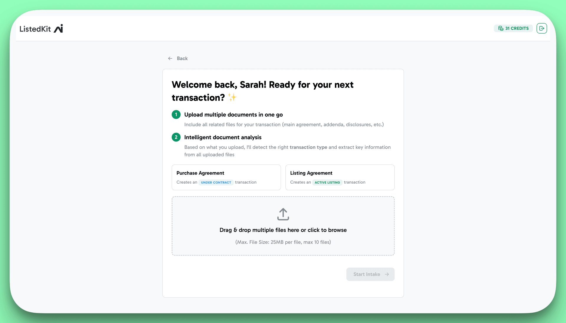 ListedKit new transaction upload screen