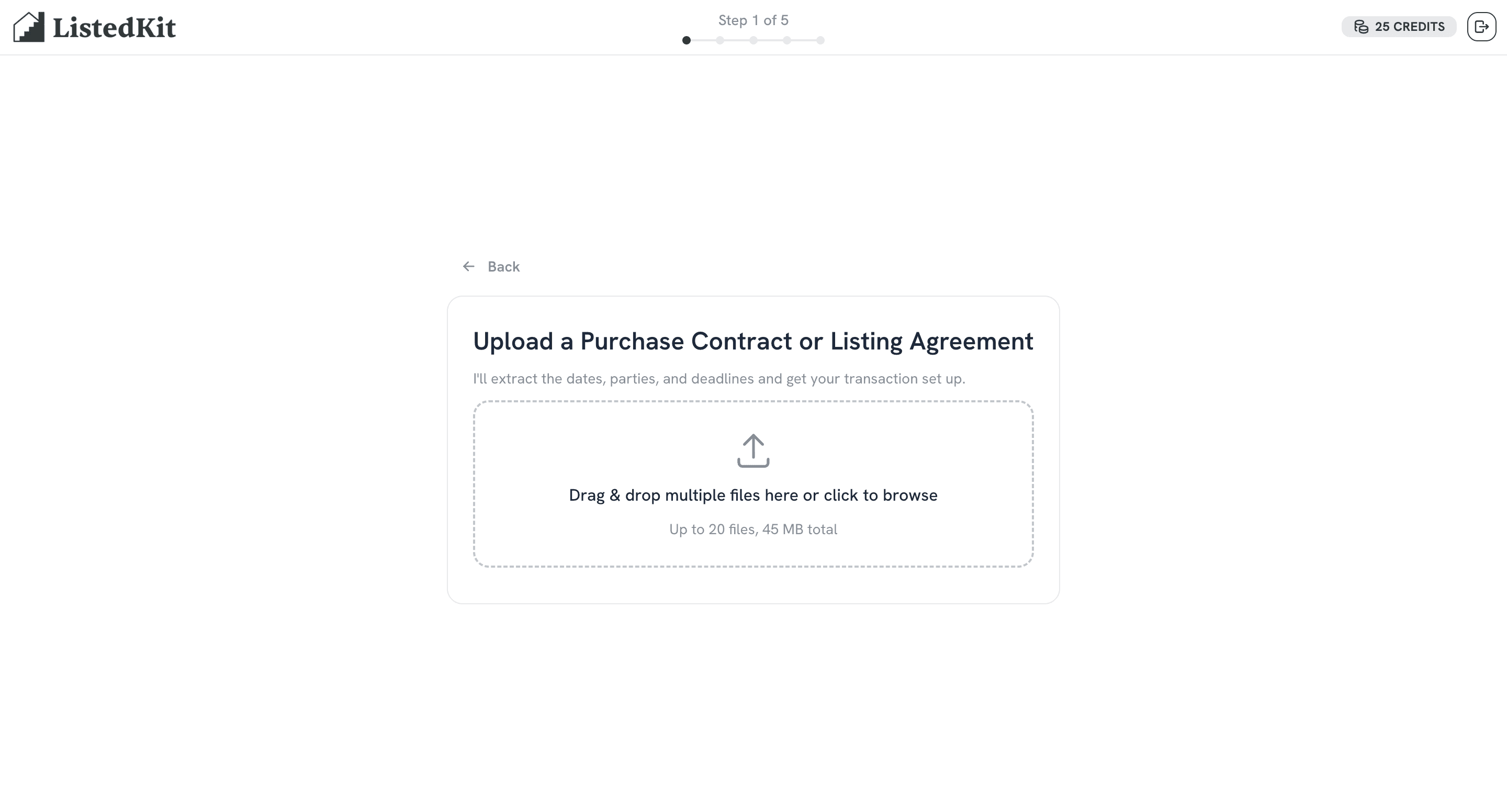 ListedKit new transaction upload screen for a purchase contract or listing agreement
