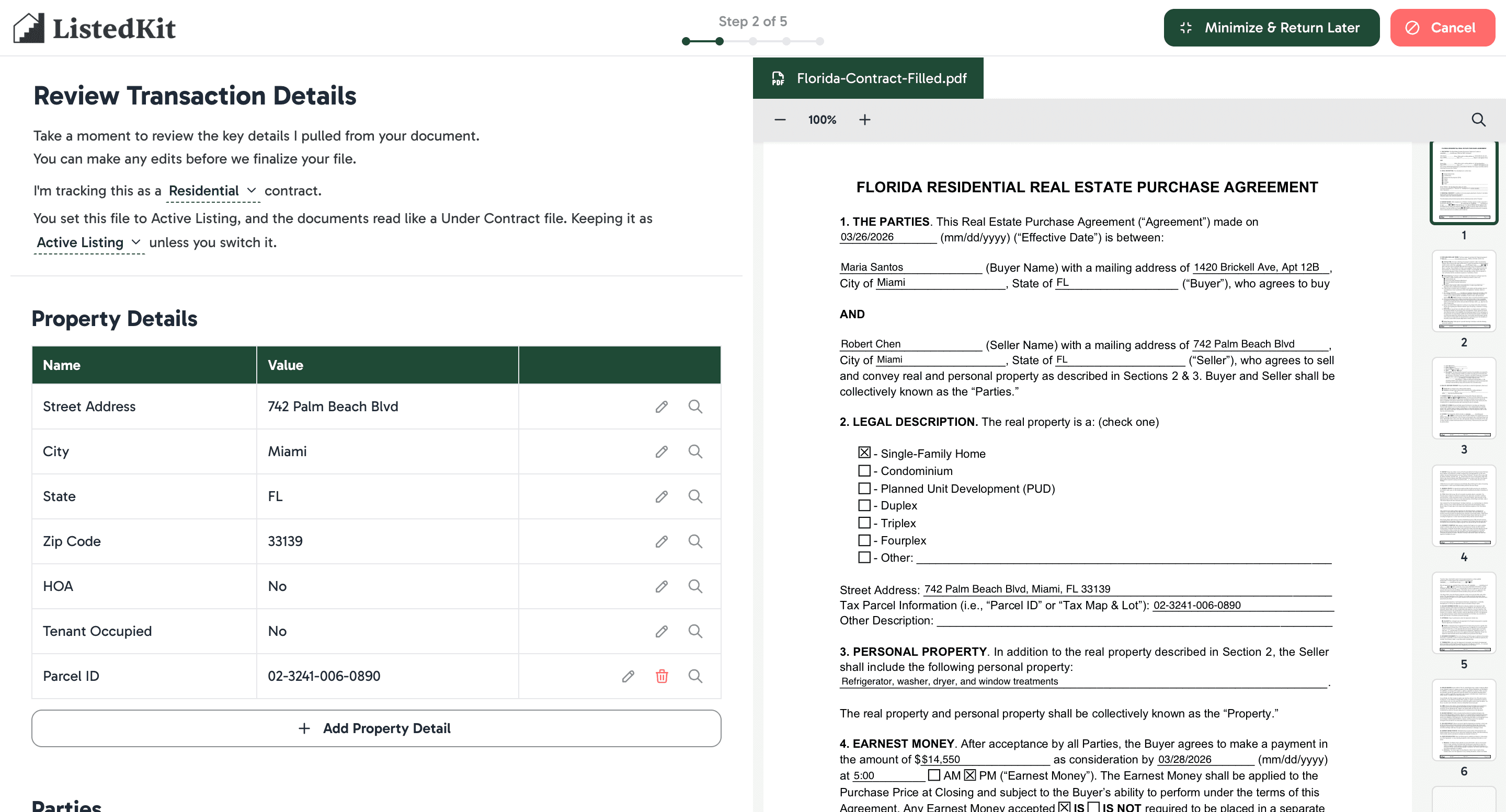 ListedKit transaction details review showing extracted property details beside the source contract