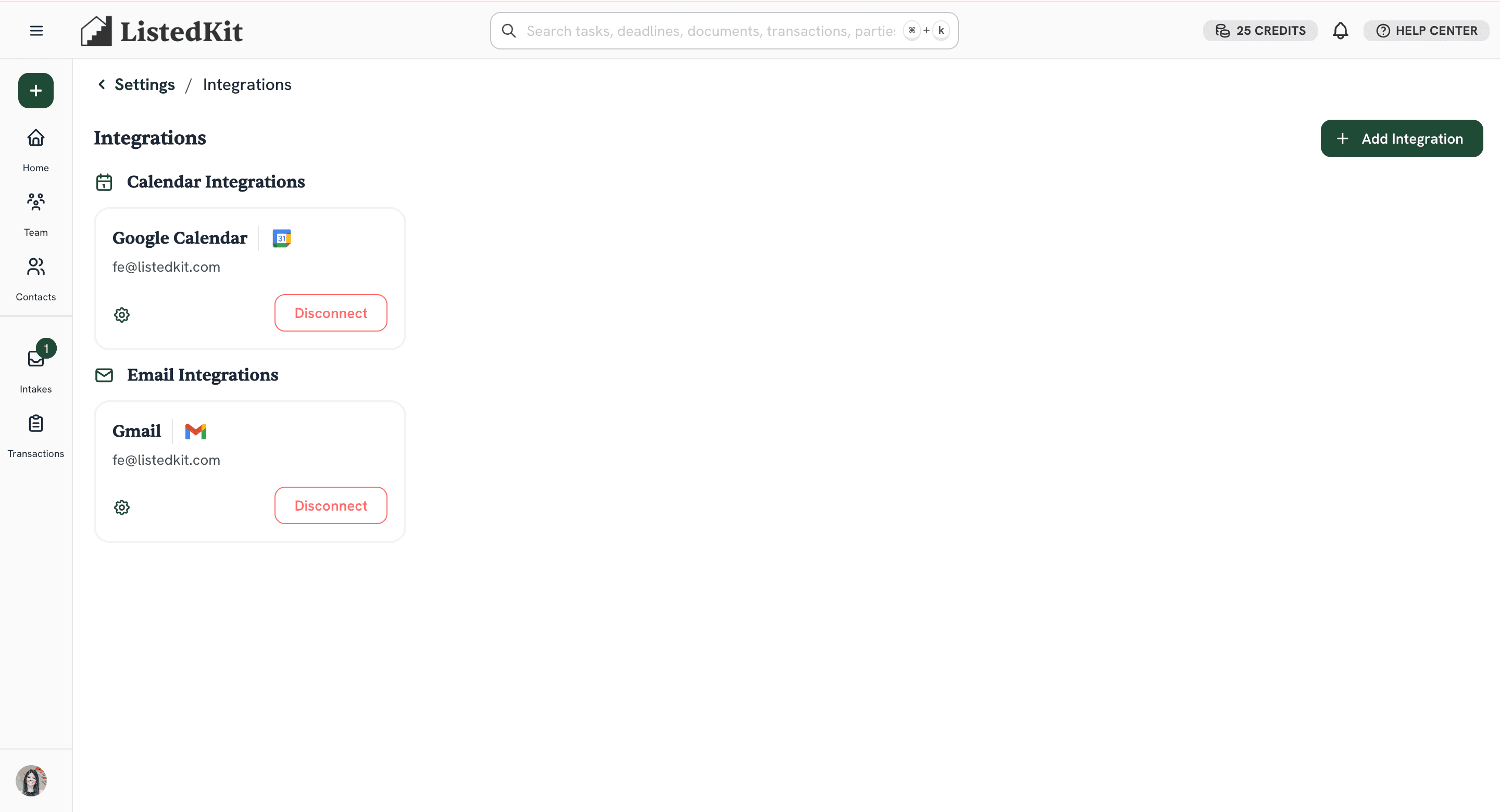 ListedKit Settings - Integrations page showing connected Google Calendar and Gmail accounts