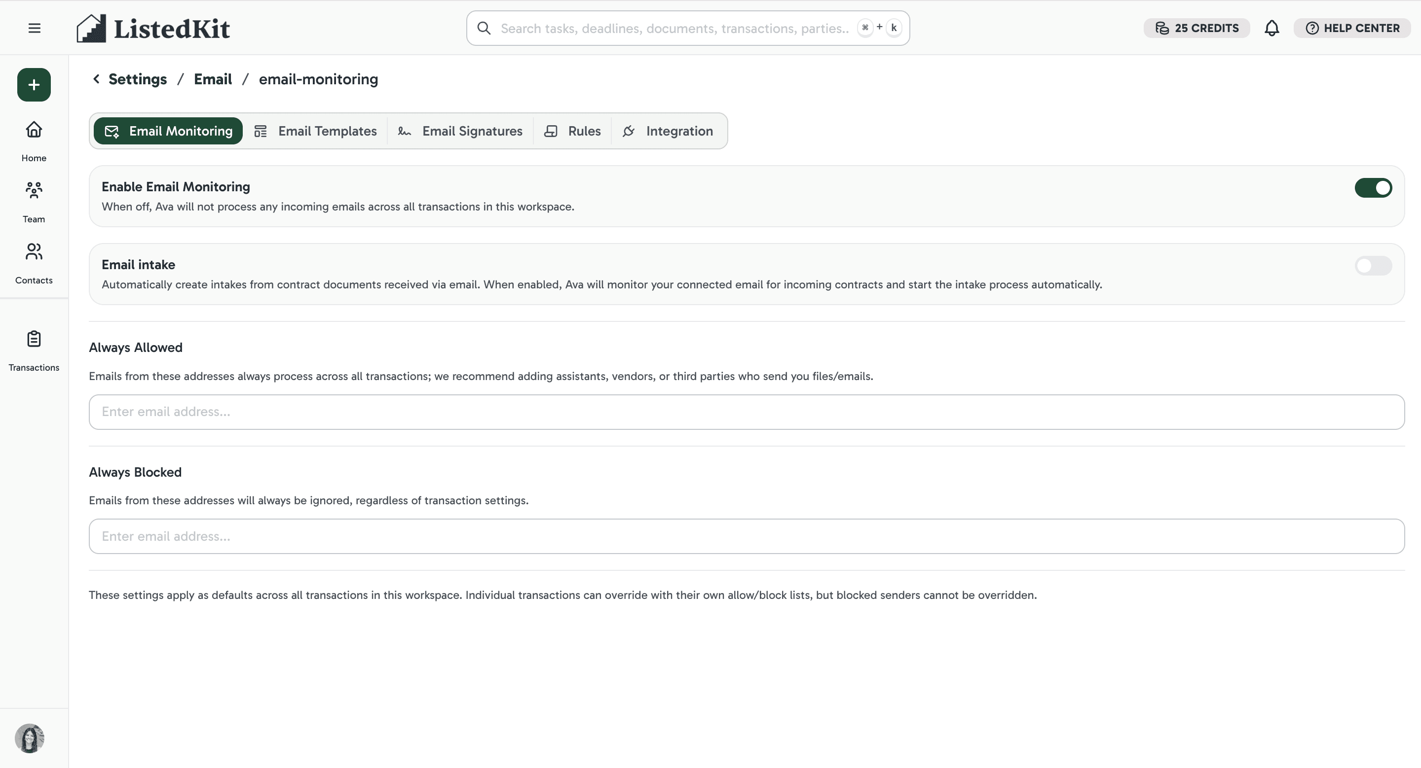 ListedKit Settings - Email Monitoring tab, where email intake and allowed senders are configured alongside the Email Templates tab