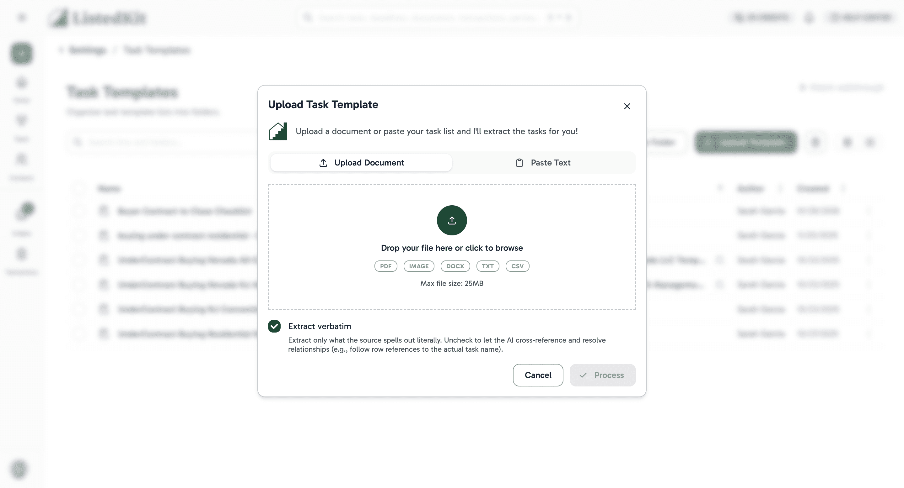 ListedKit task template upload dialog with document upload and paste text options
