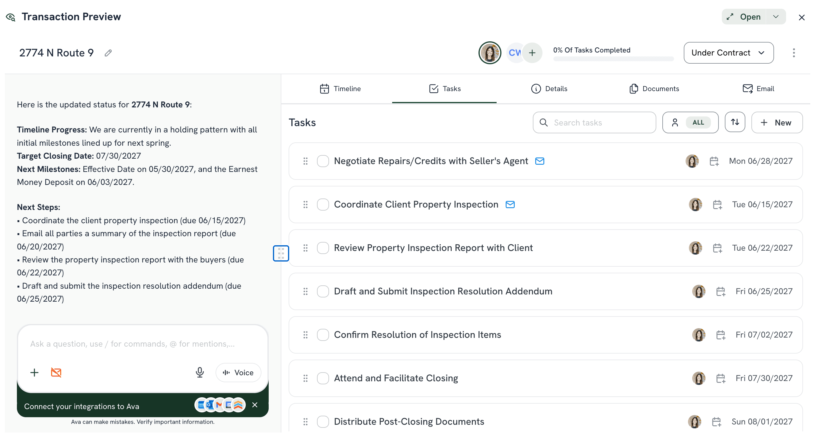 ListedKit transaction view showing the task checklist beside Ava's status summary