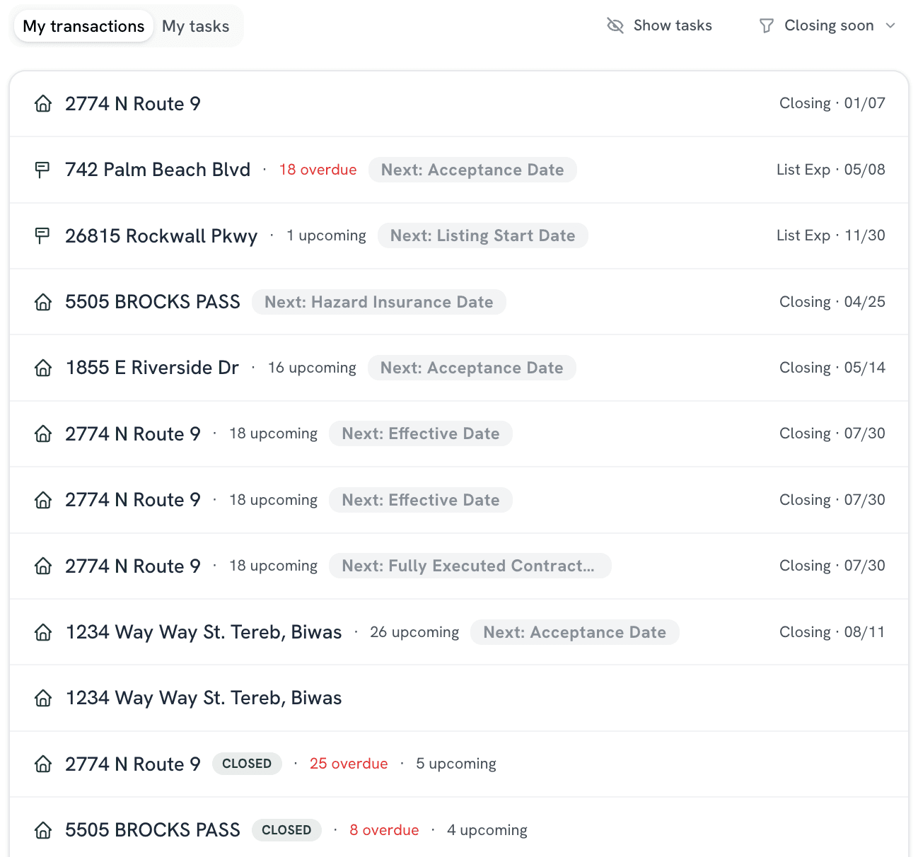 ListedKit AI Dashboard showing Transaction Coordinators managing multiple deals simultaneously