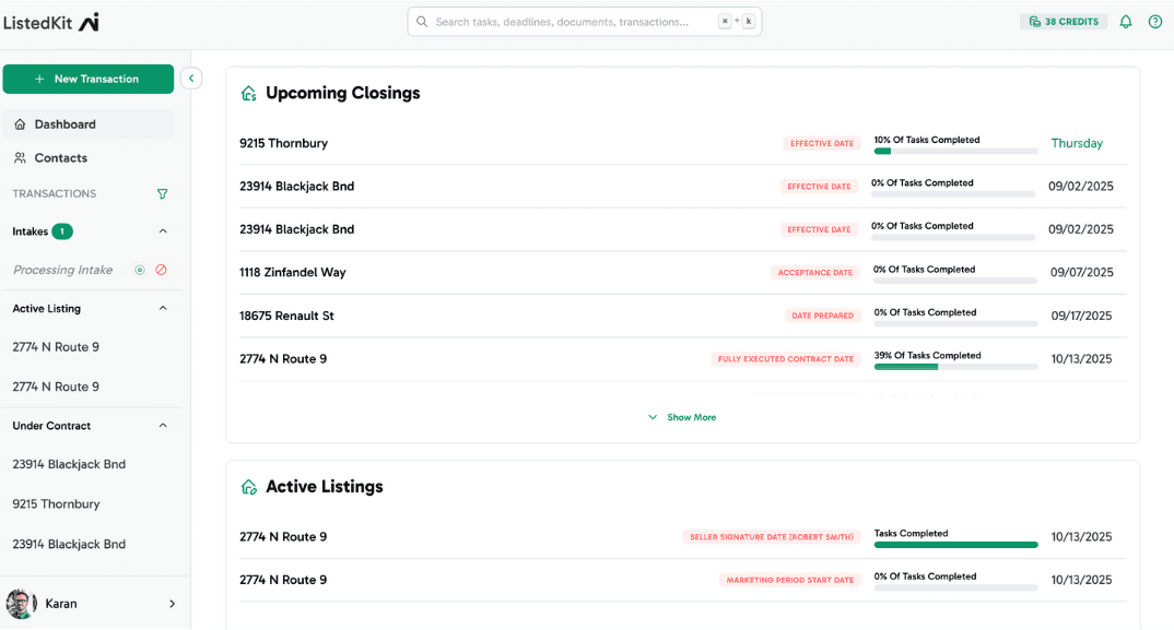 ListedKit Dashboard - Upcoming Closings and Active Listings