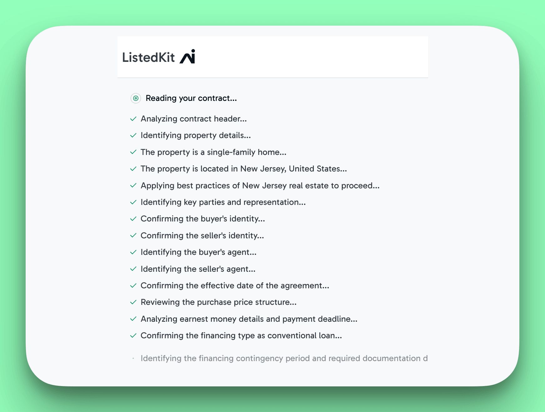 Ava AI reading and extracting data from a real estate purchase agreement in real-time
