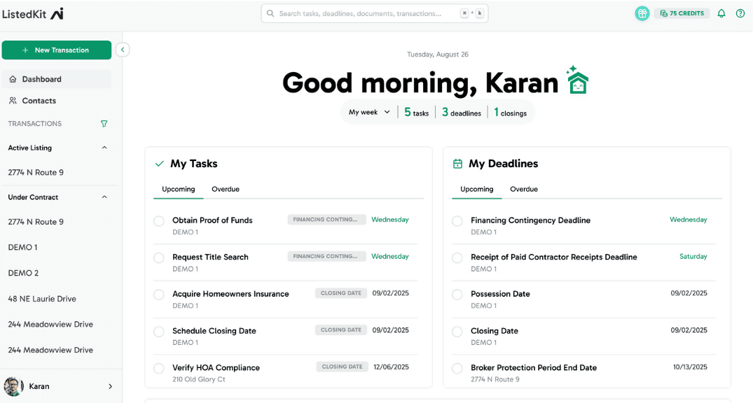 ListedKit AI Dashboard showing instant transaction results