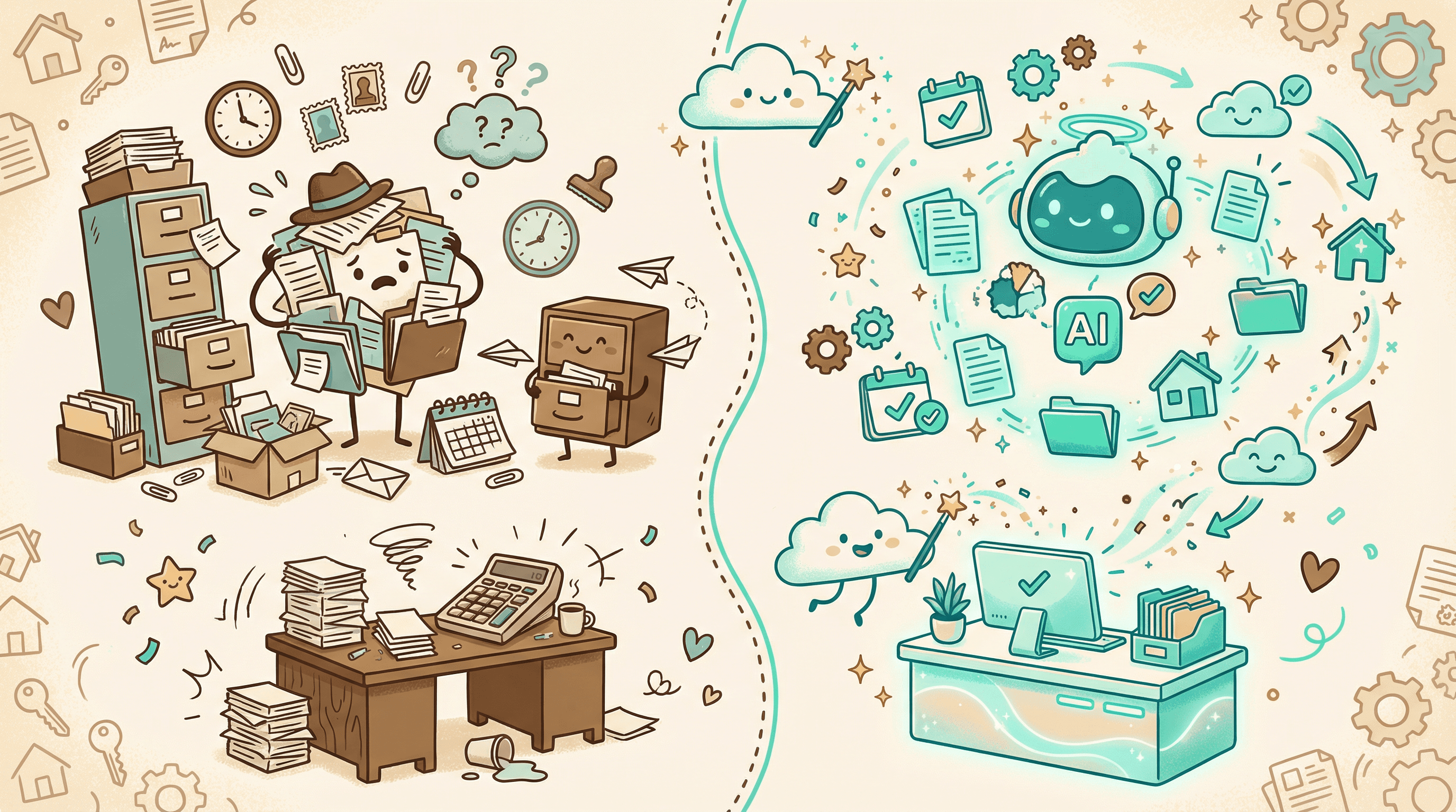 Comparison illustration showing traditional back-office software versus AI-powered transaction management