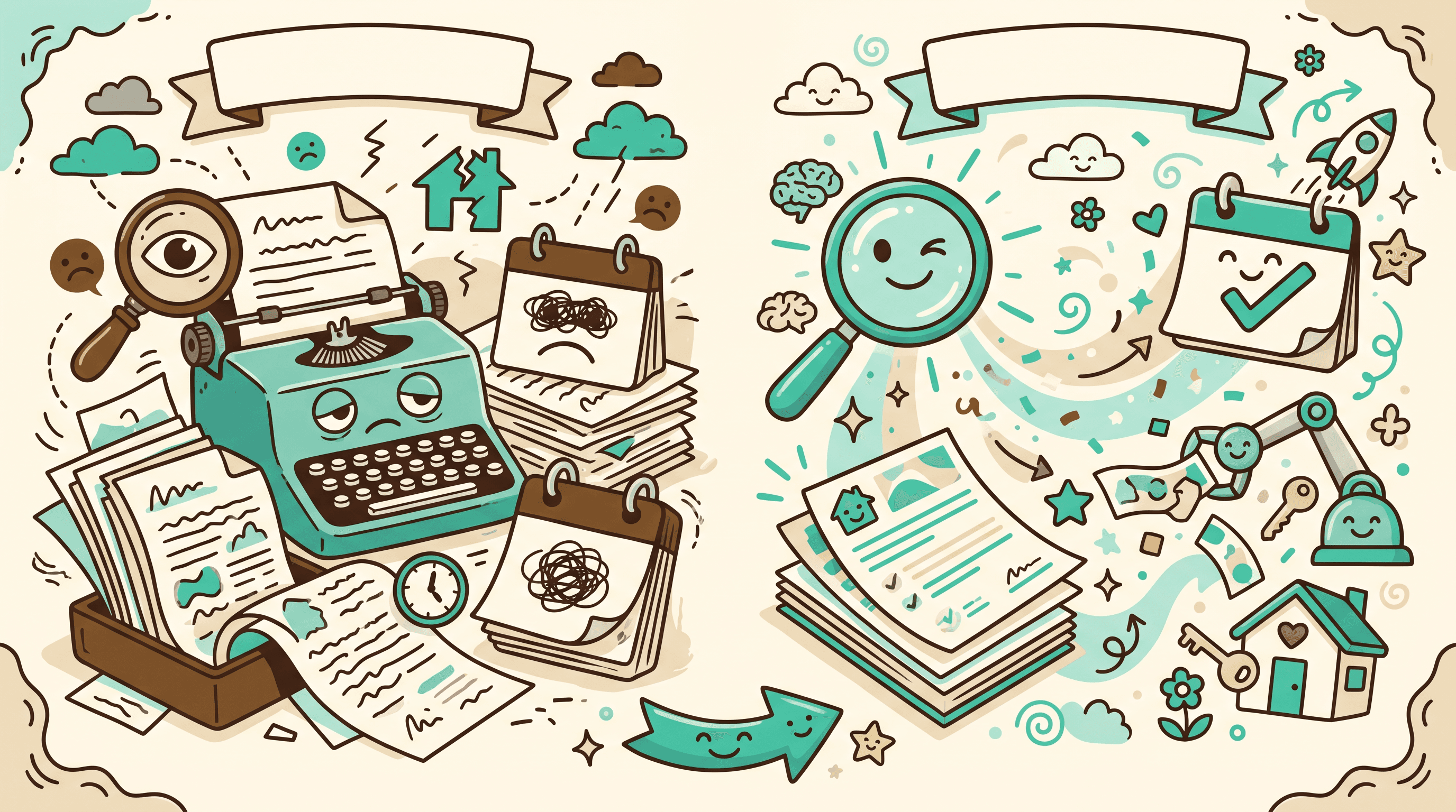 Aframe alternative for real estate teams - AI reading contracts vs manual data entry, playful illustration with teal and cream colors