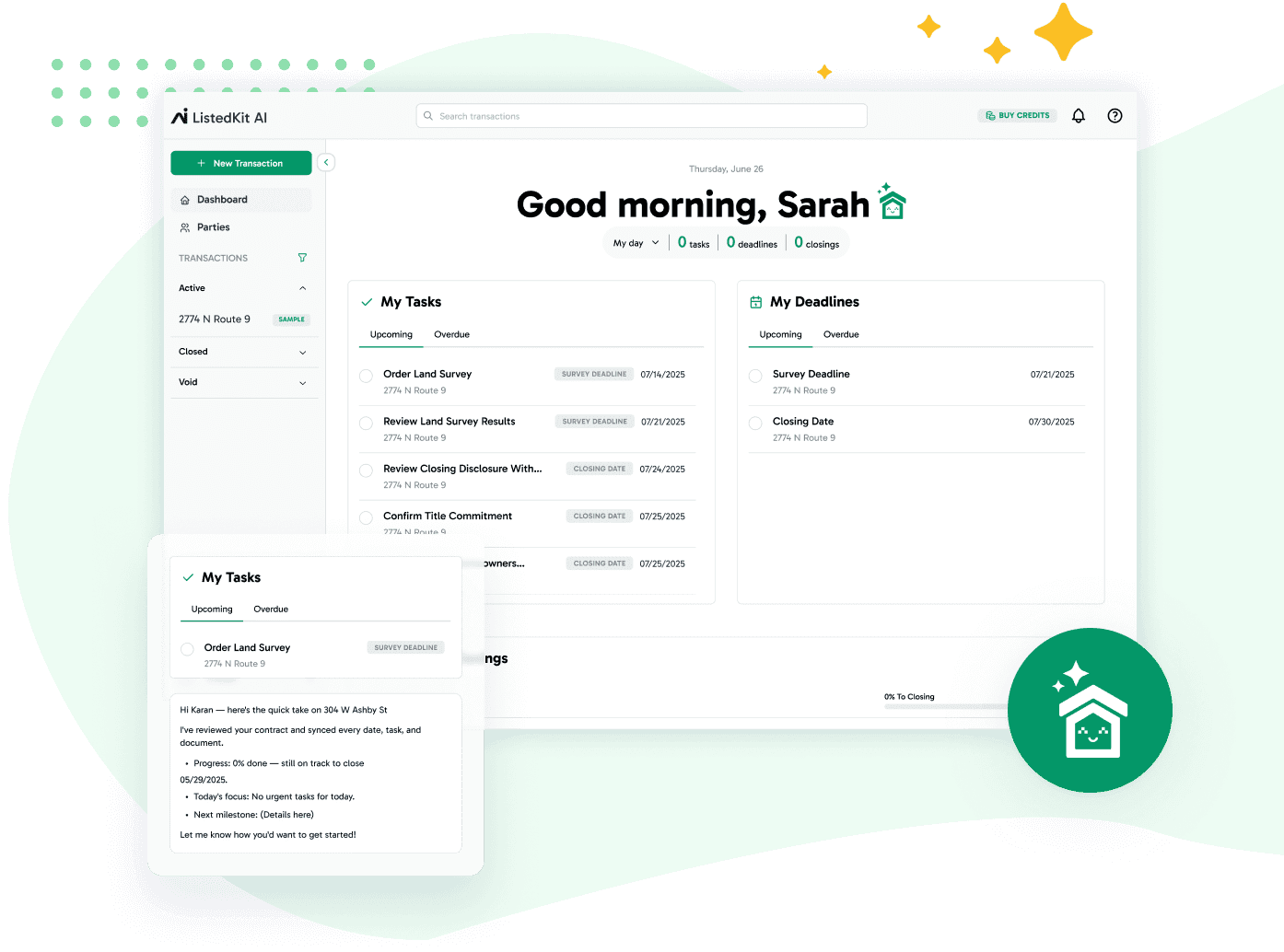 listedkit ai dashboard, transaction management assistant for real estate