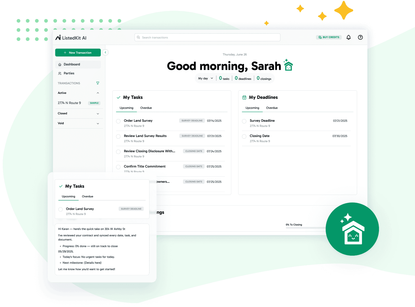 listedkit ai dashboard, transaction management assistant for real estate