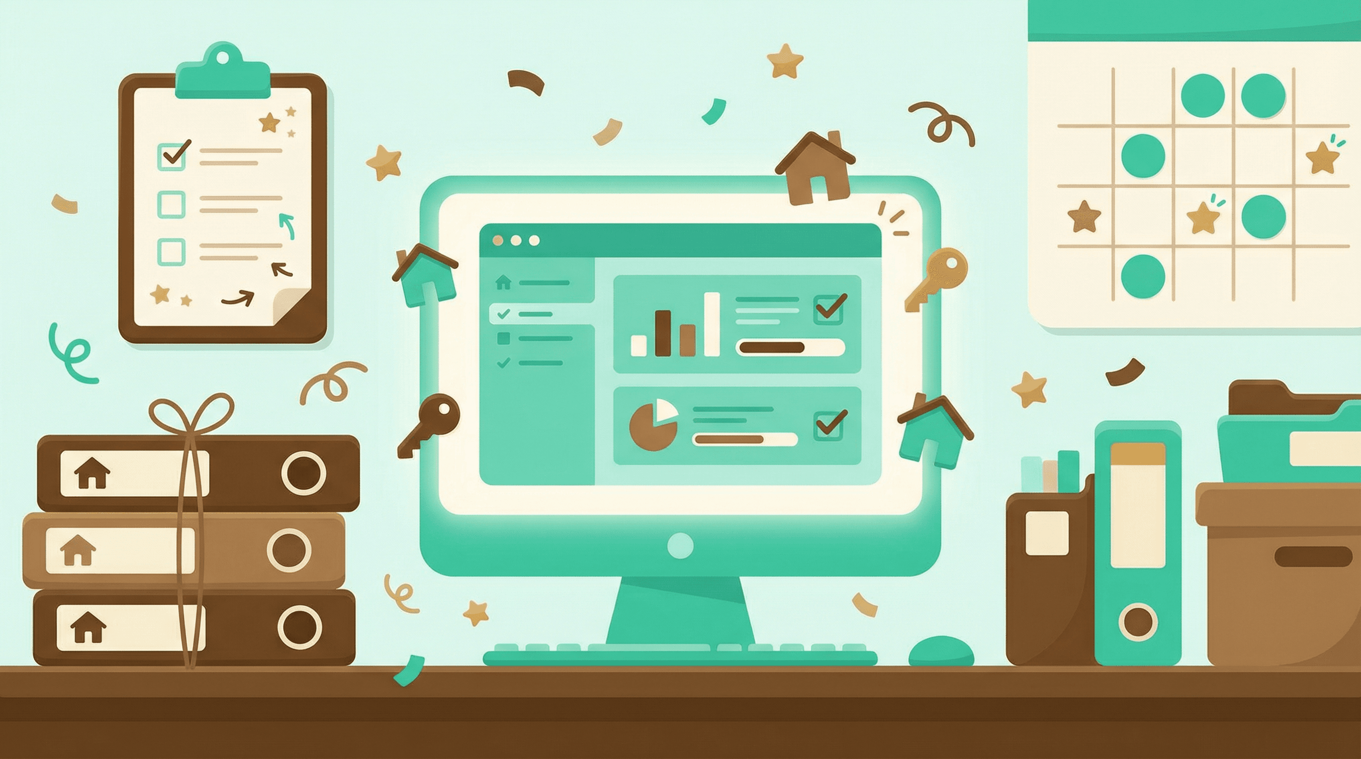 Illustrated admin with organized transaction files, checklists, and calendar representing VA-powered transaction coordination