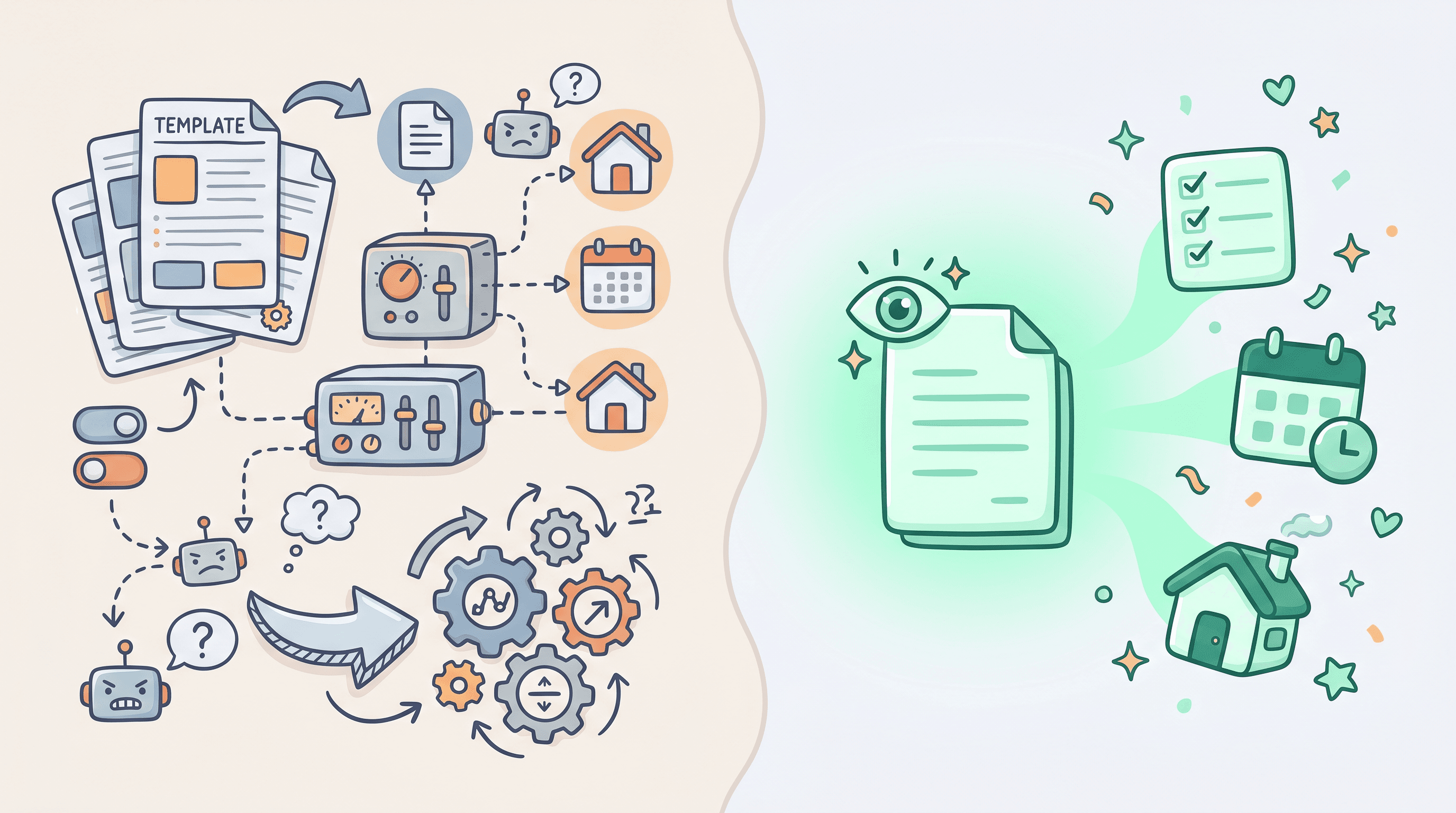 A split illustration in mint, Aiva green and milk tones contrasting a complex multi-step AI-assisted workflow on the left, with stacked templates, arrows and gear icons, against a clean AI-native workflow on the right showing a single contract document being read, with a checklist, calendar and house icon flowing out automatically