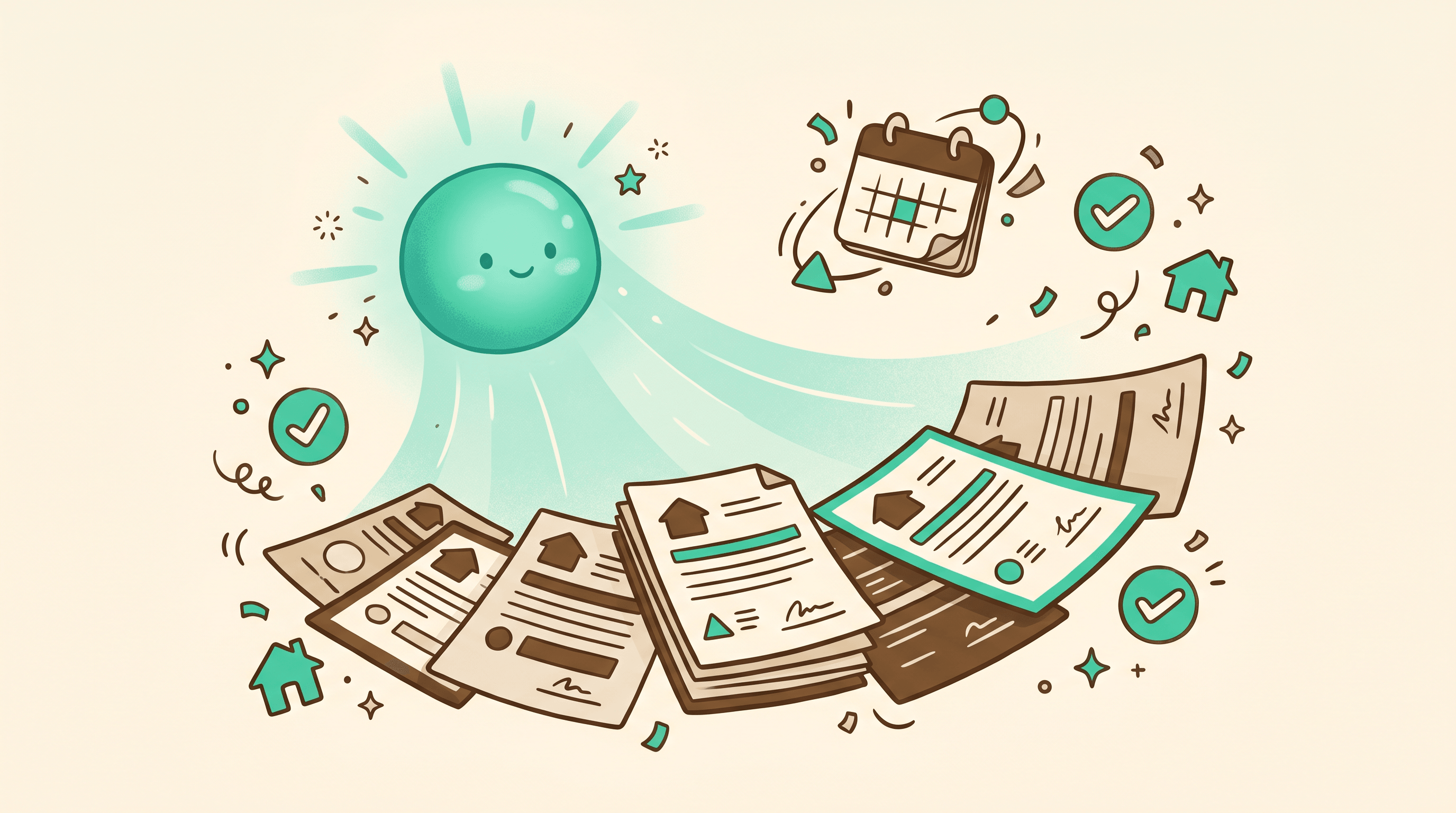 Illustration of an AI engine scanning real estate contracts for missed deadlines — teal orb, documents, a calendar, and checkmarks.