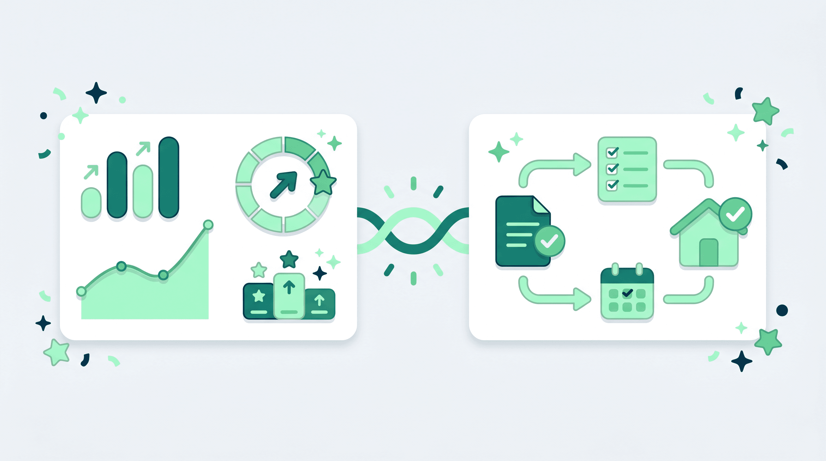 Two side-by-side illustrated panels connected by a bridge: a performance dashboard with charts, a progress gauge and a leaderboard on the left, and a transaction flow with a contract checkmark, checklist, calendar and a house marked complete on the right