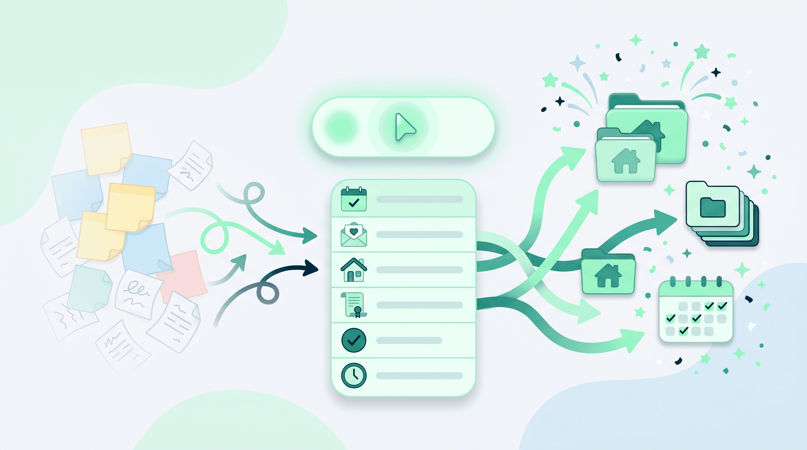 Flat illustration of a slash command menu turning repeated transaction coordinator prompts into organized real estate deal folders and a deadline calendar