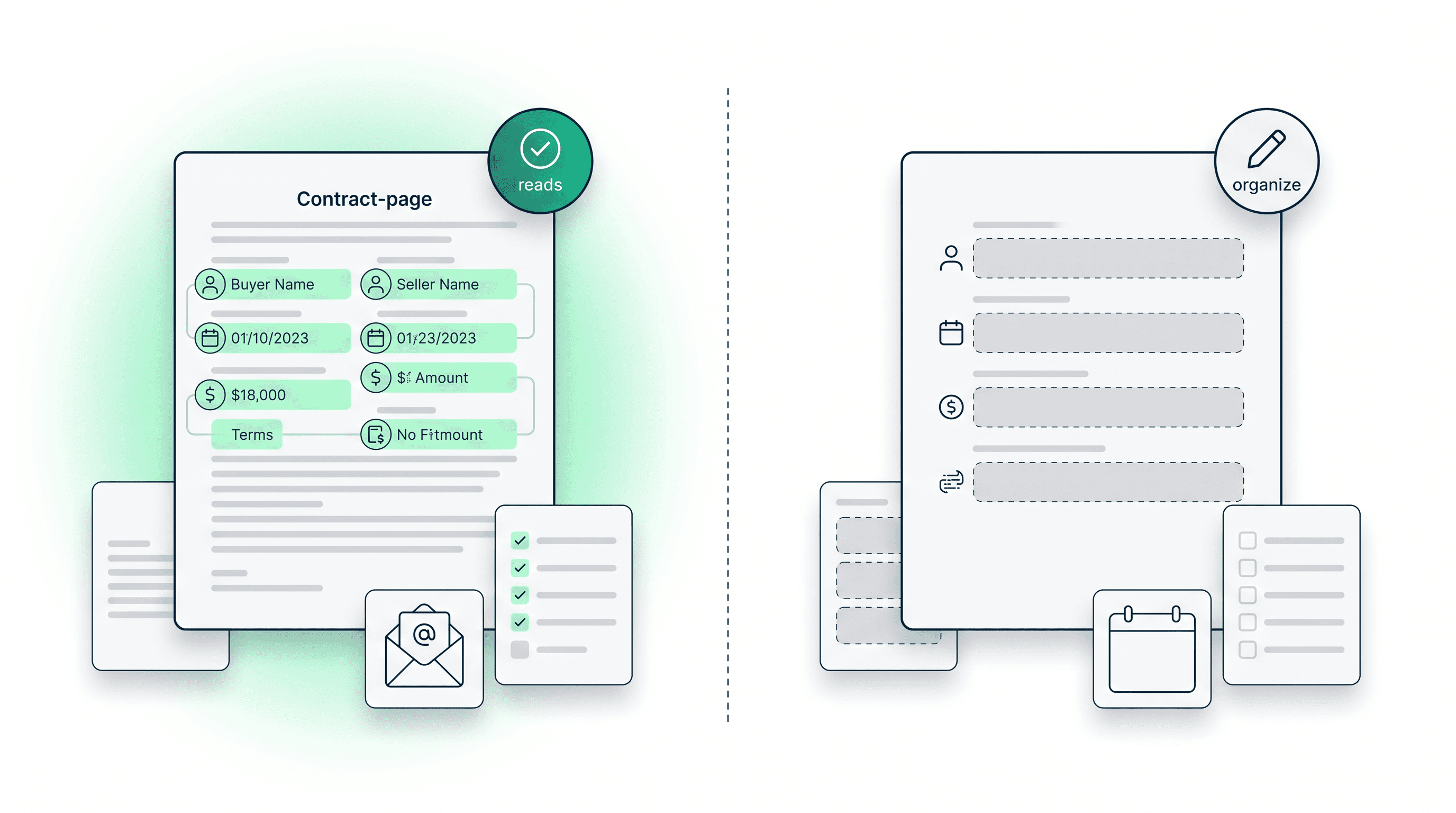 Split editorial composition showing a contract being read by AI on the left versus a manual form entry card on the right