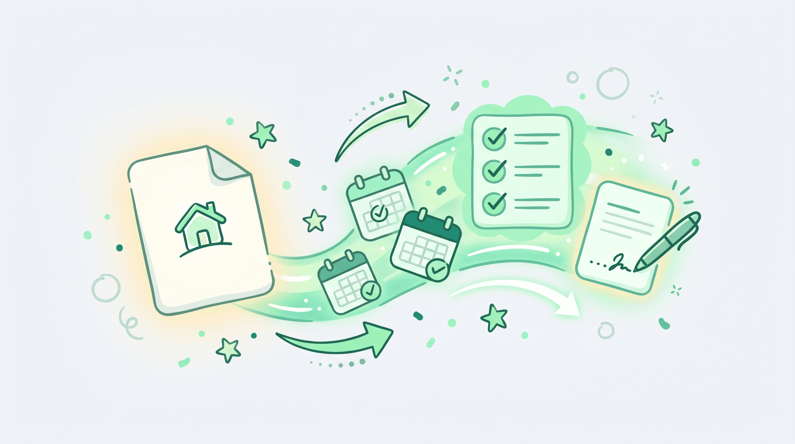 Illustration of a real estate contract PDF flowing into extracted calendar dates, a checkmark checklist, and a signature-ready document, in mint and green on a milk-white background
