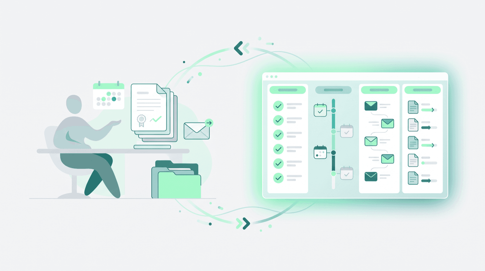 Flat illustration showing a transaction coordinator reviewing documents alongside an organized AI-powered checklist panel, with calendars, email icons, and task lists flowing between them in mint green and soft gray.