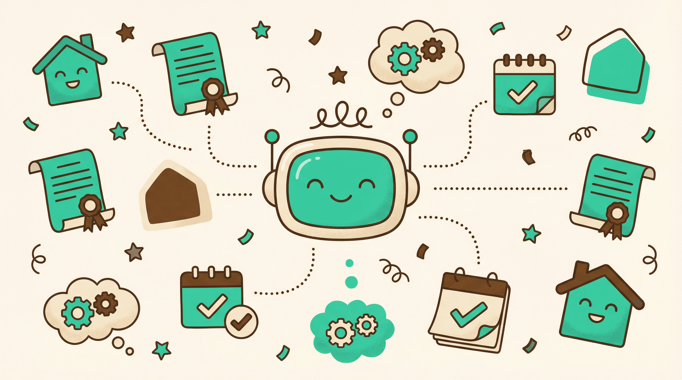 AI assistant connected to real estate documents, calendars, and houses illustration