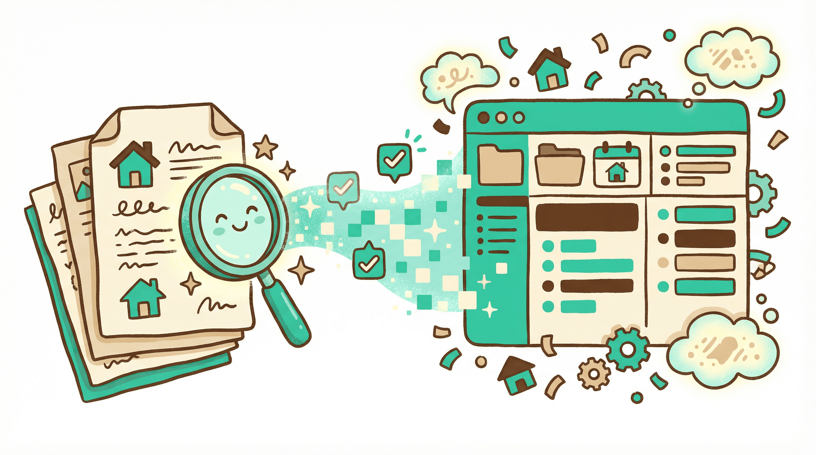 AI contract reading illustration showing documents being scanned and data extracted into organized digital format
