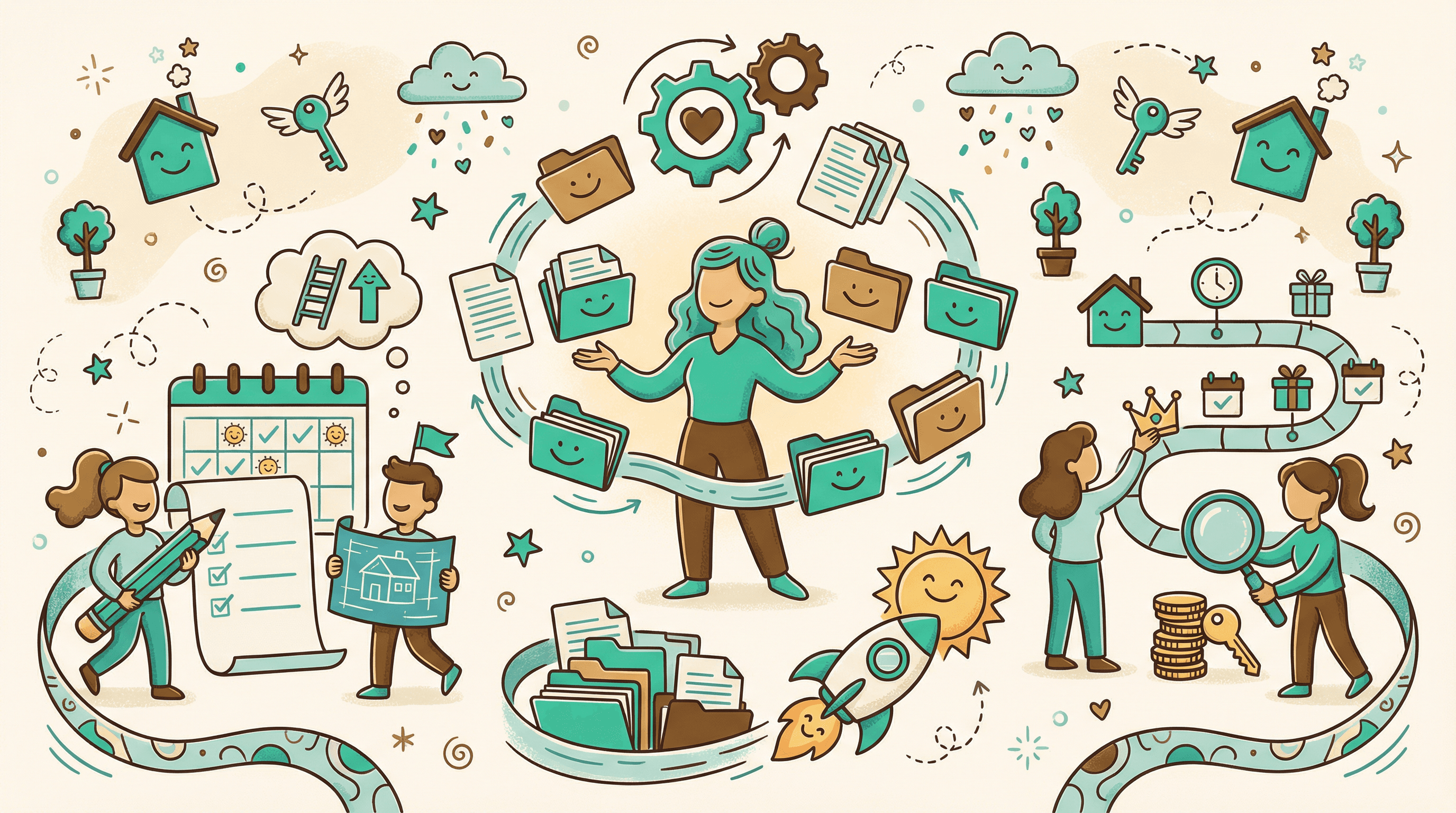 Playful illustration of a real estate team managing multiple transactions with AI, teal and cream color palette