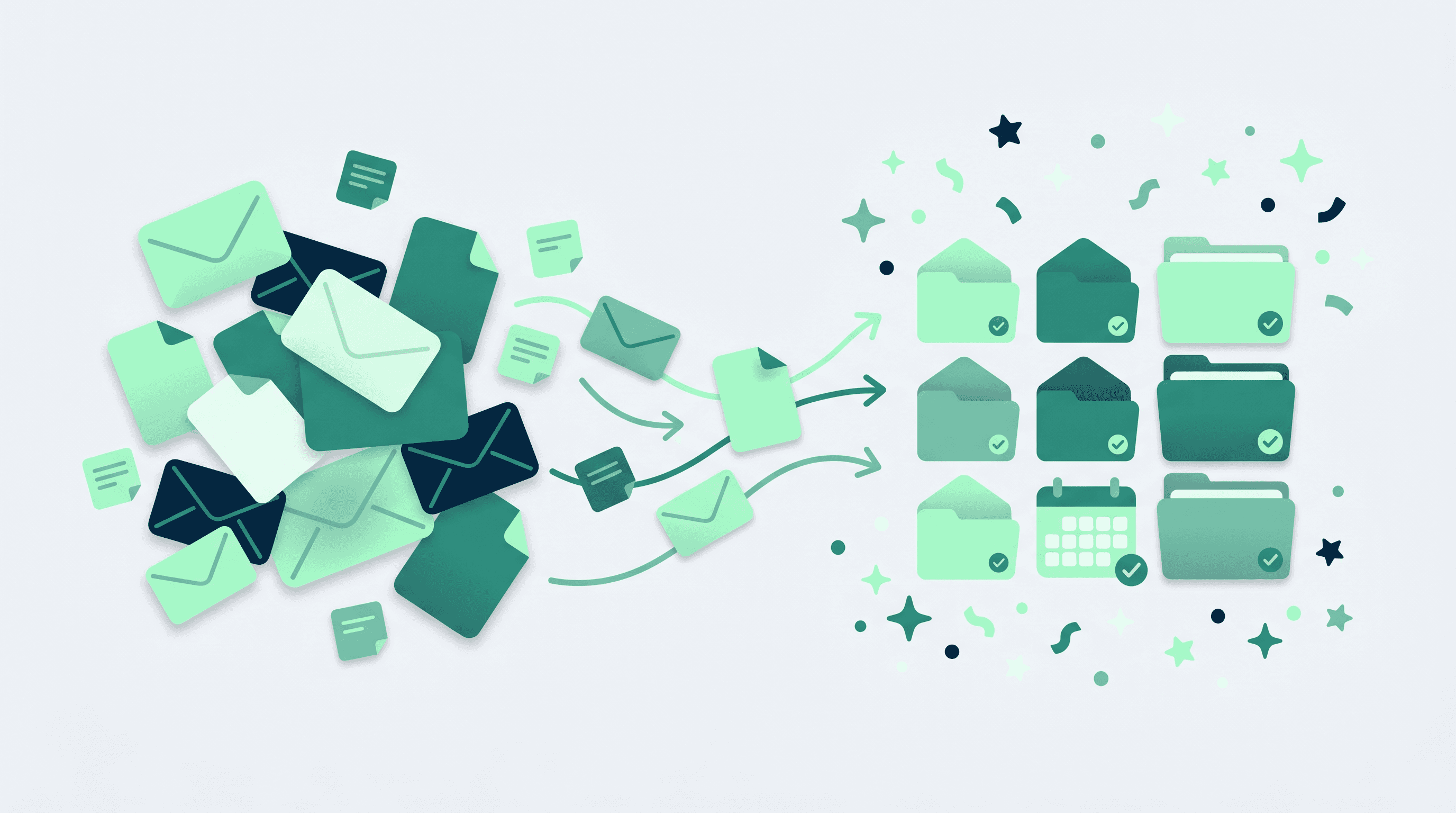 Illustration of a messy pile of email envelopes being sorted into neat, organized house-shaped deal folders, each marked with a checkmark