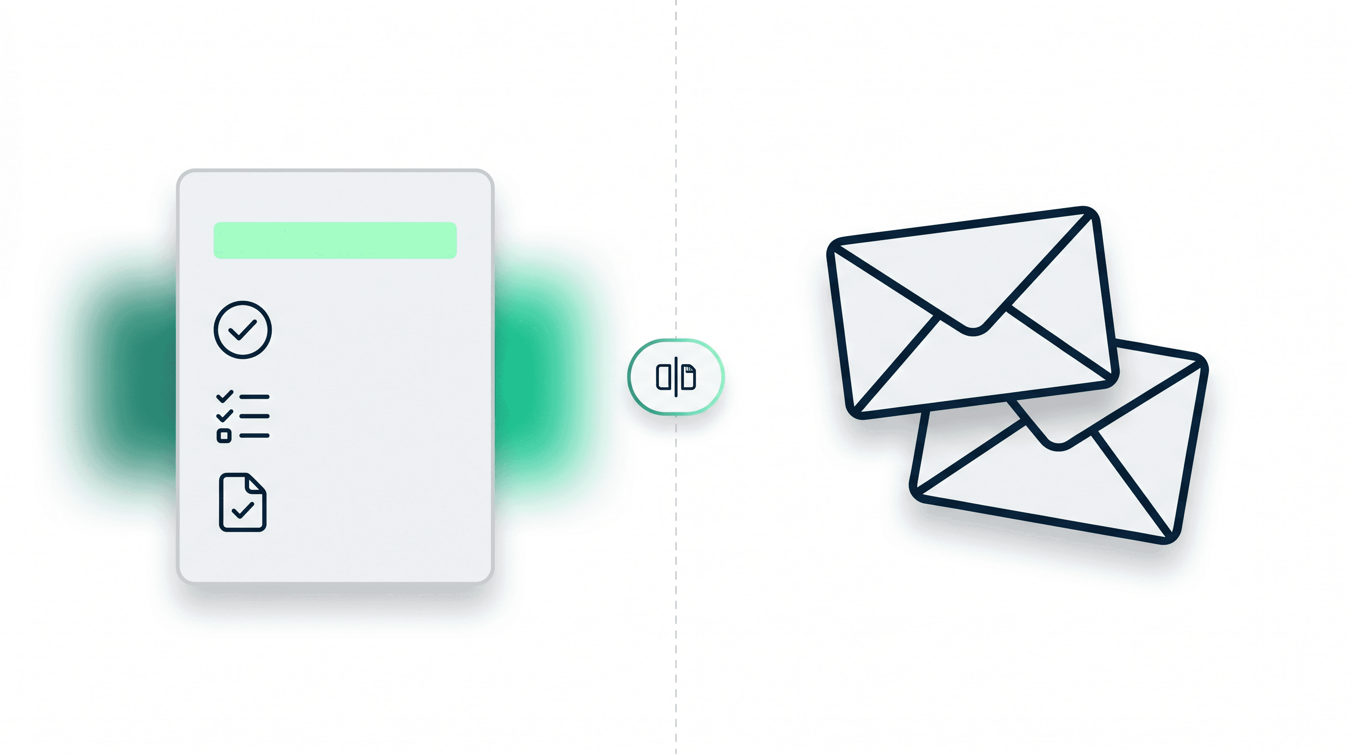Split comparison editorial layout with a contract and checklist card on the left side and an envelope card on the right, joined by a thin divider line