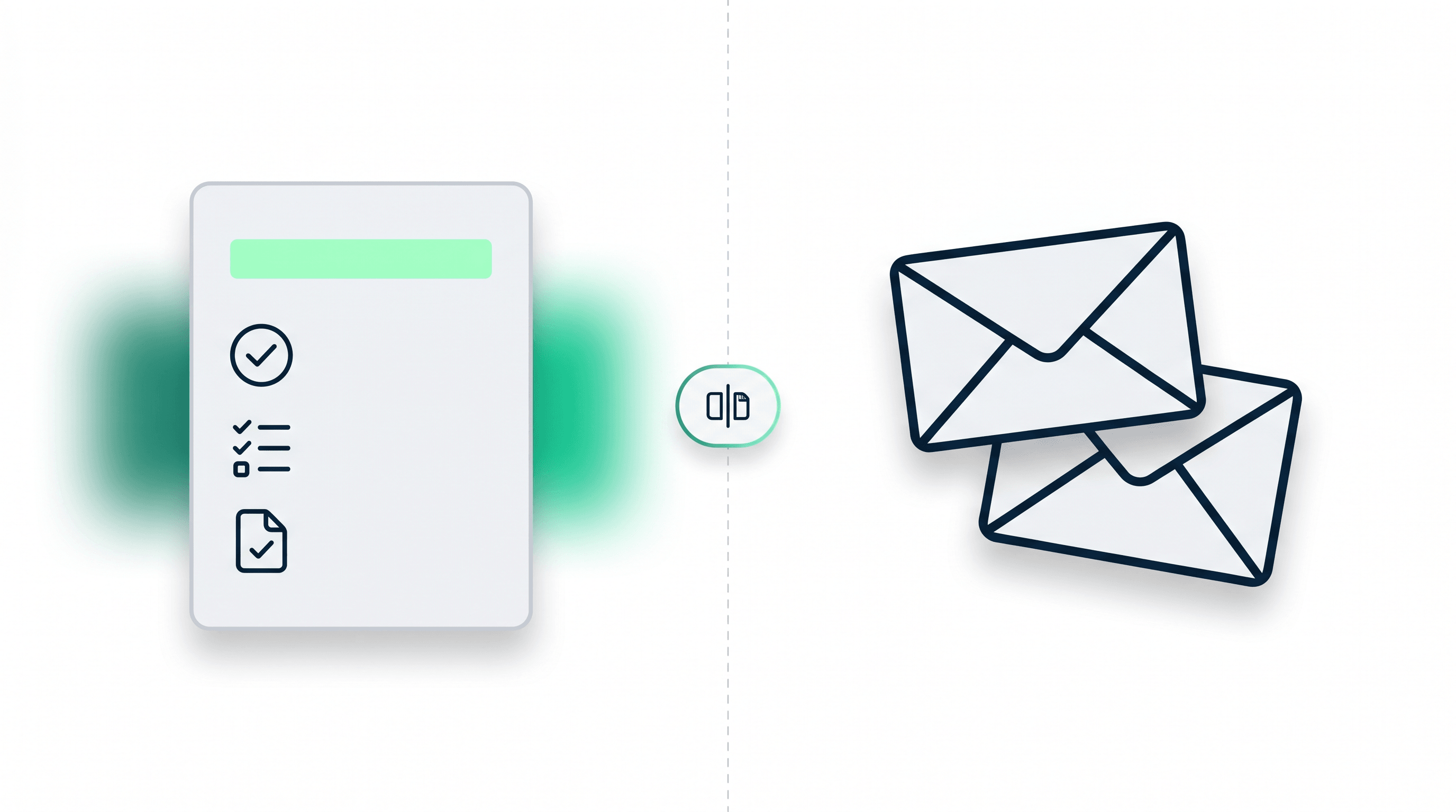 Split comparison editorial layout with a contract and checklist card on the left side and an envelope card on the right, joined by a thin divider line