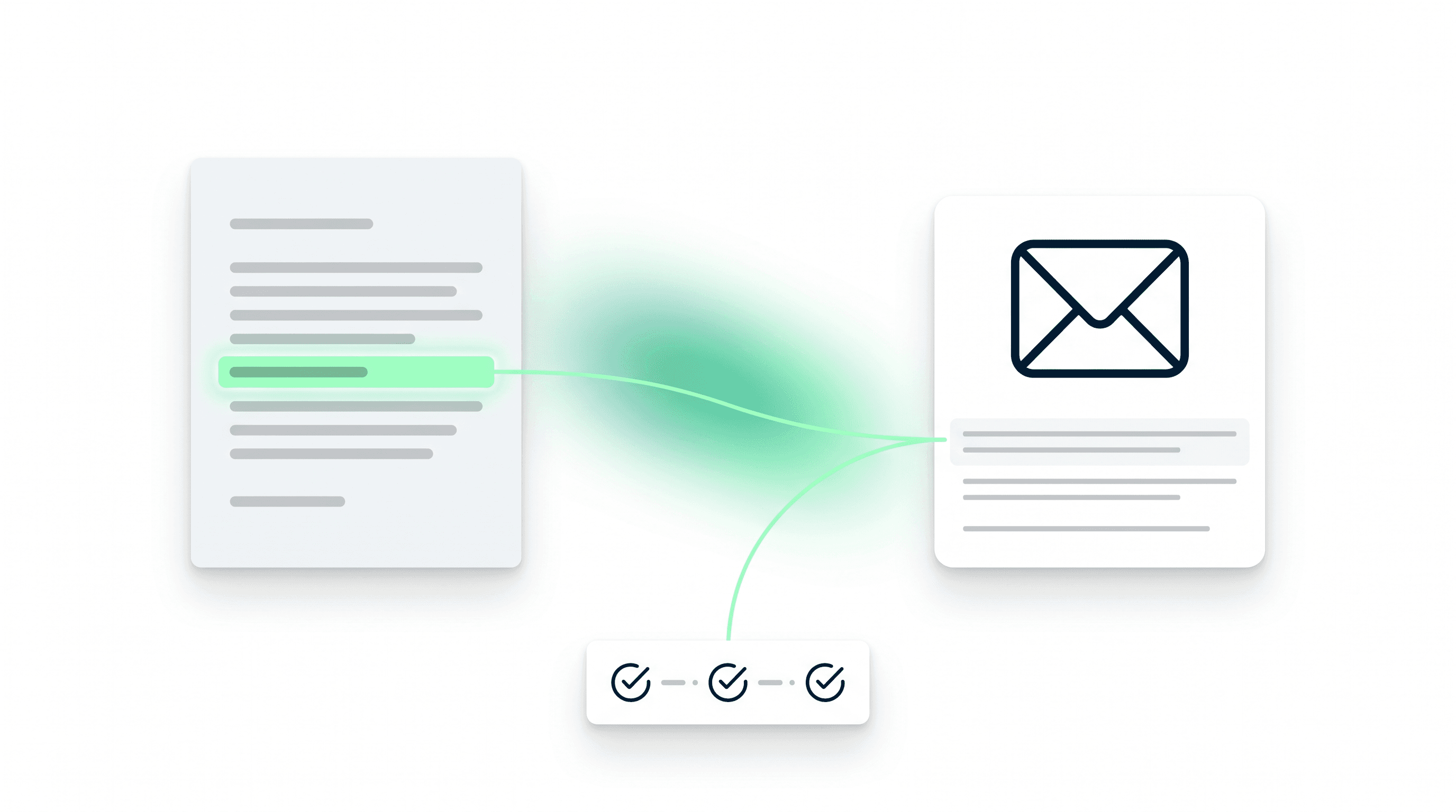 A clean Notion-style editorial composition: a contract card on one side, an inbox-message card on the other, joined by a single mint connecting line into a deal-timeline card below.