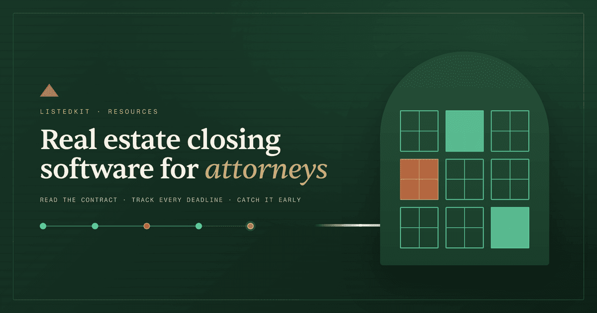 Evergreen ListedKit header for attorney real estate closings, showing an arched window facade with one pane flagged and a milestone timeline.