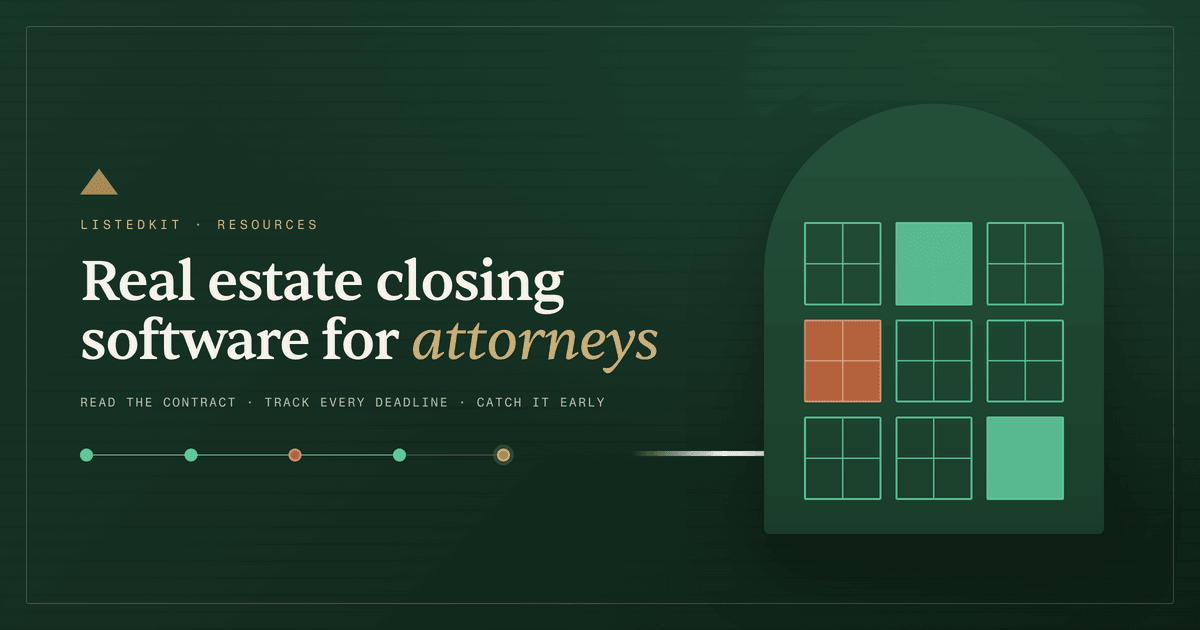 Evergreen ListedKit header for attorney real estate closings, showing an arched window facade with one pane flagged and a milestone timeline.