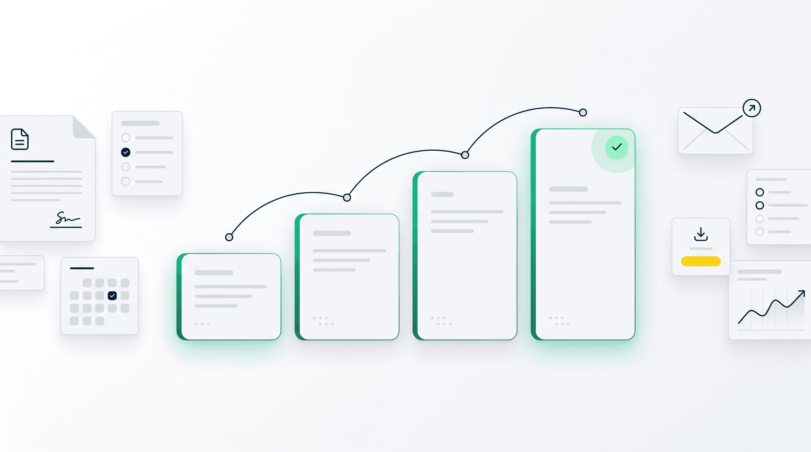 Ascending step chart editorial composition with four tier cards rising from left to right representing 10 to 100 deals per month