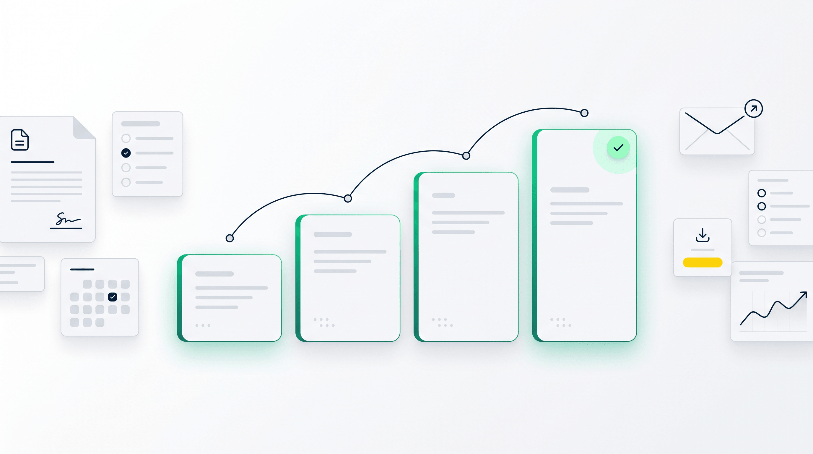 Ascending step chart editorial composition with four tier cards rising from left to right representing 10 to 100 deals per month