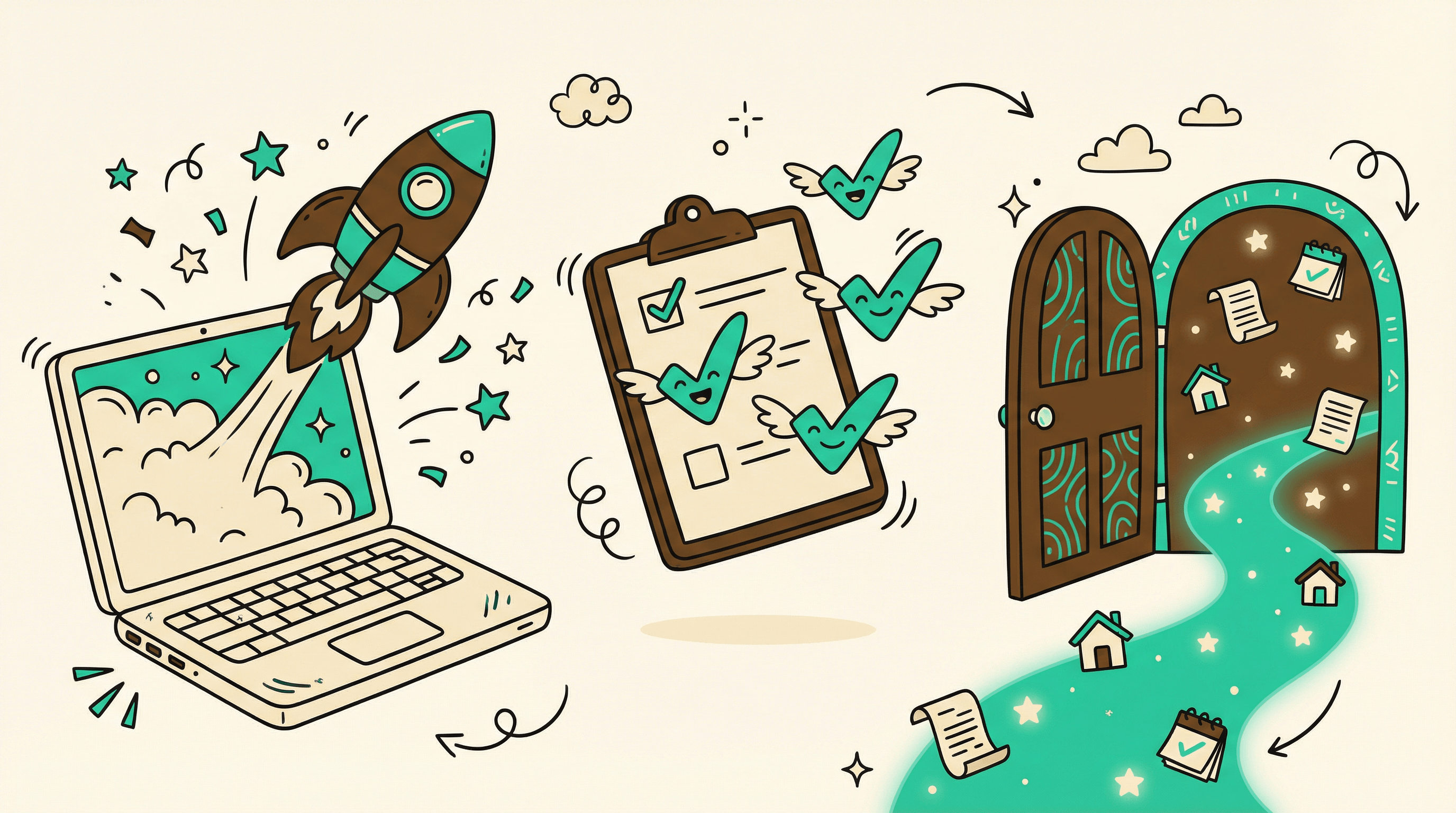 Playful illustration of fast software onboarding with a rocket launching from a laptop, flying checkmarks, and an open door leading to a bright path