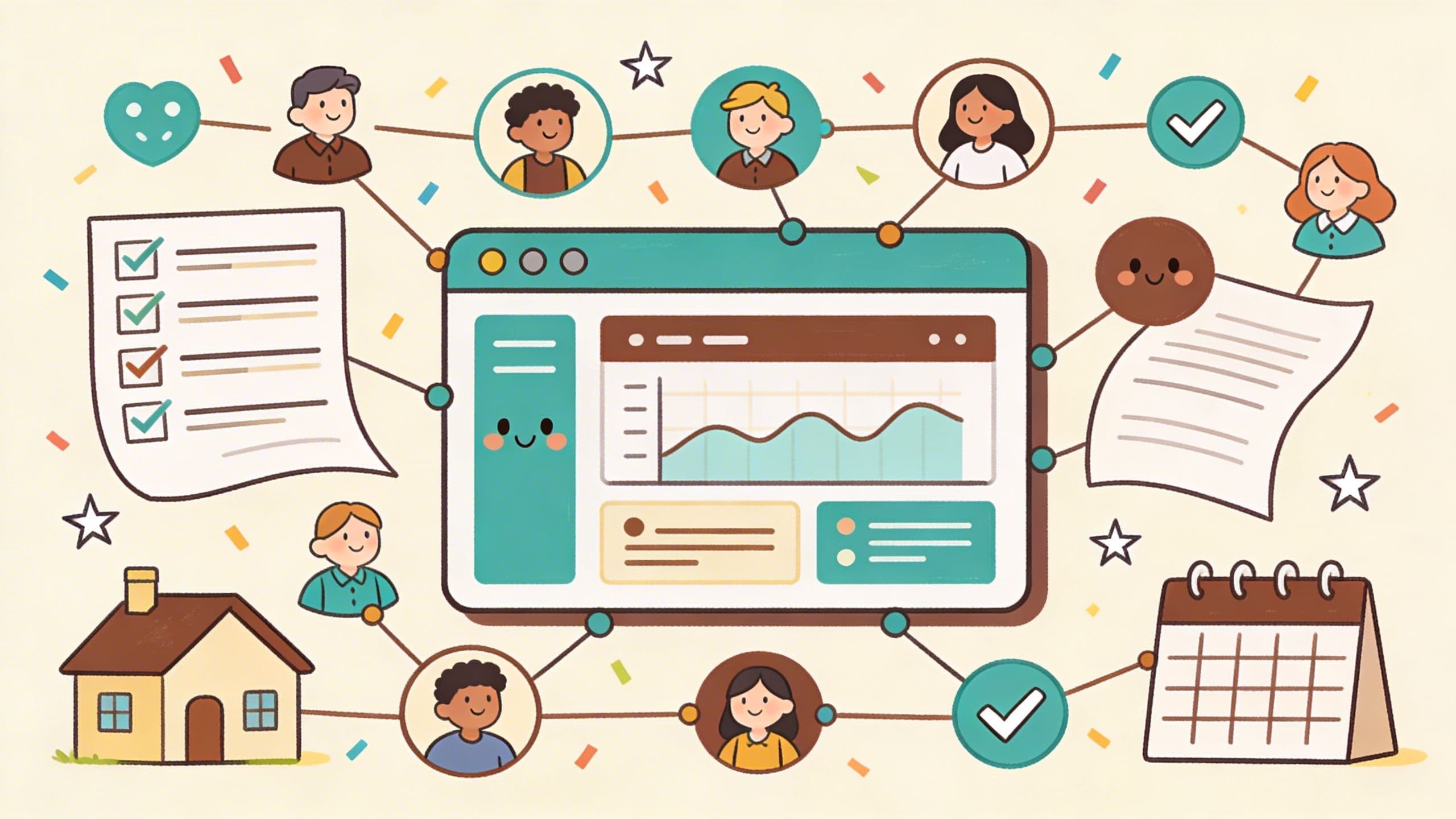 Playful illustration of a real estate team collaborating with AI, showing connected team members, a shared analytics dashboard, checklists, a house, and a calendar