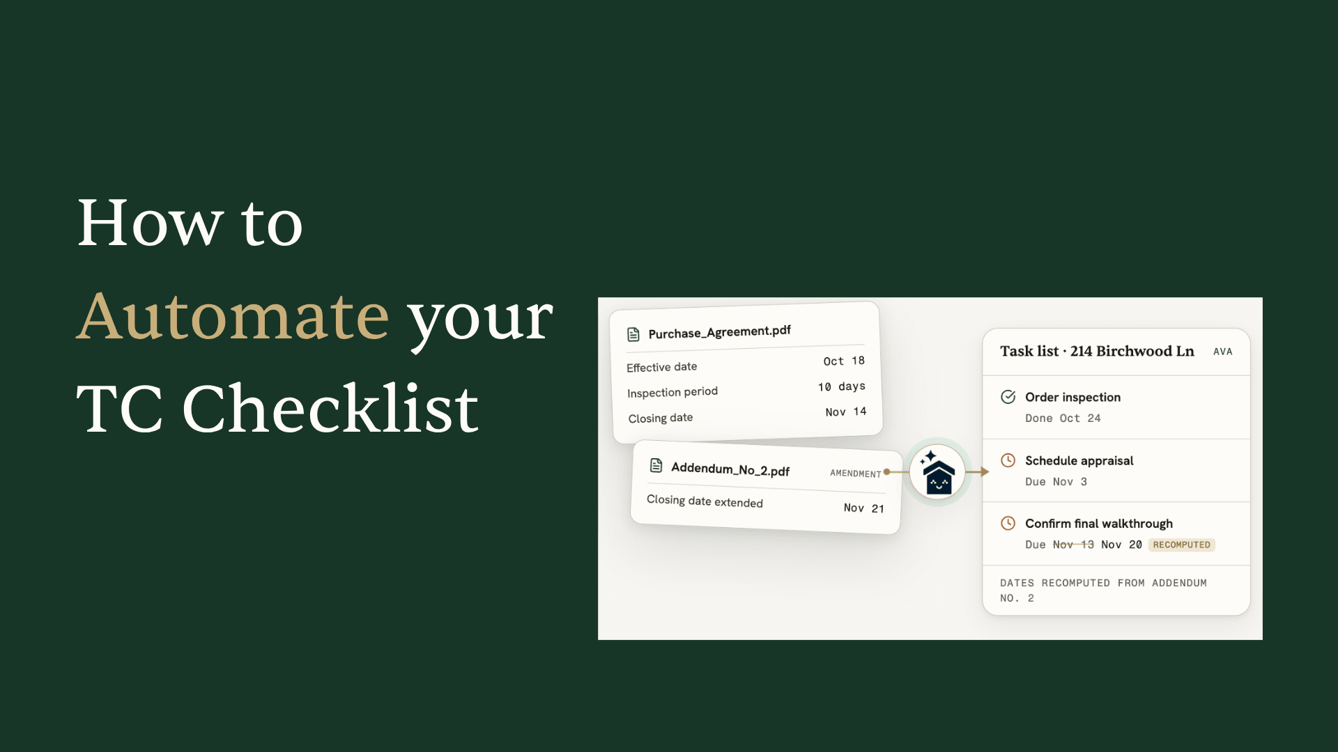 Playful illustration of automated checklist with calendars, checkmarks, and organized workflow elements in teal and brown colors