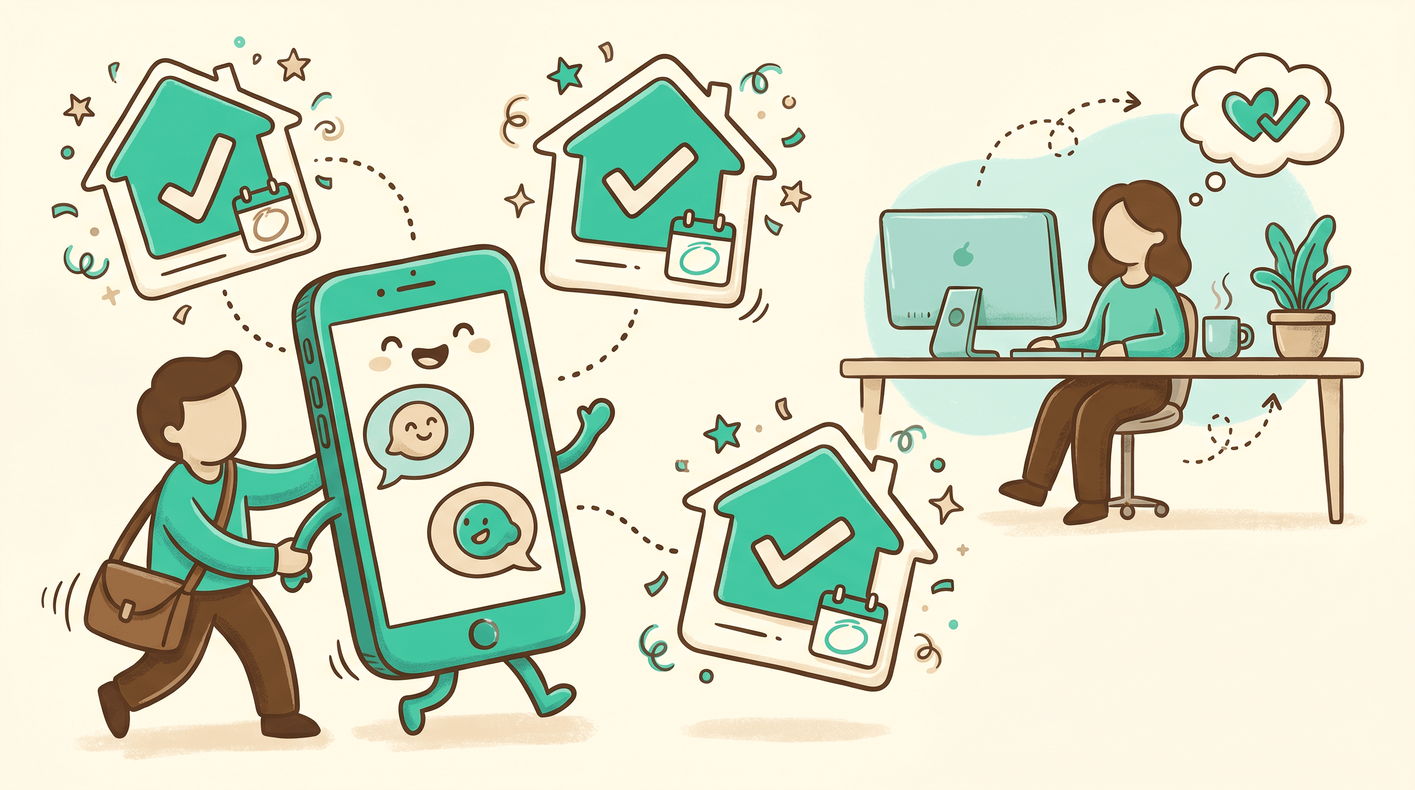 Illustration of a real estate agent texting Ava for live deal status while a transaction coordinator works uninterrupted, showing real estate team deal visibility