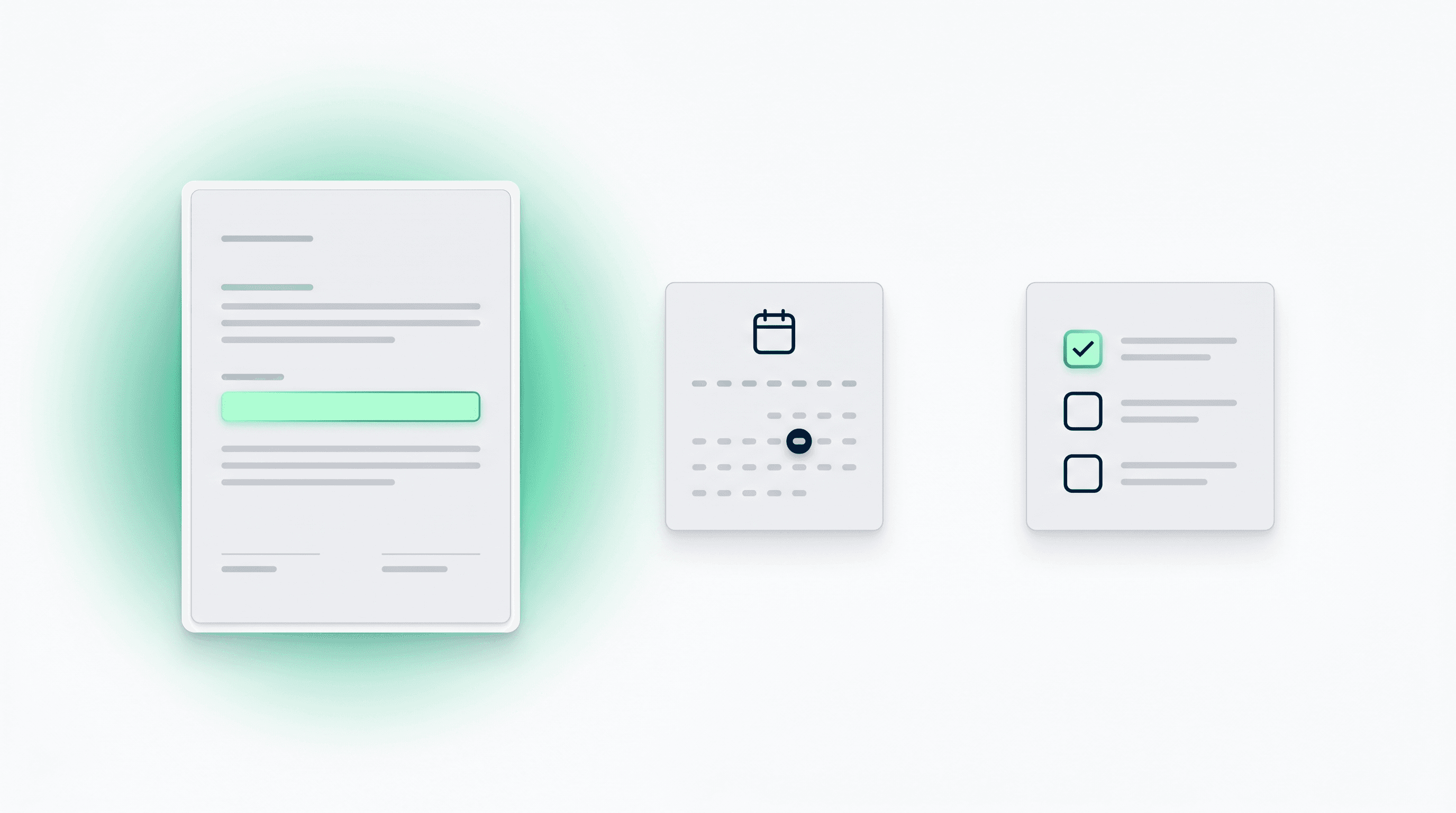 Clean editorial composition: a contract card with mint-highlighted extracted fields, floating calendar and checklist cards, Lucide-style icons on a white canvas