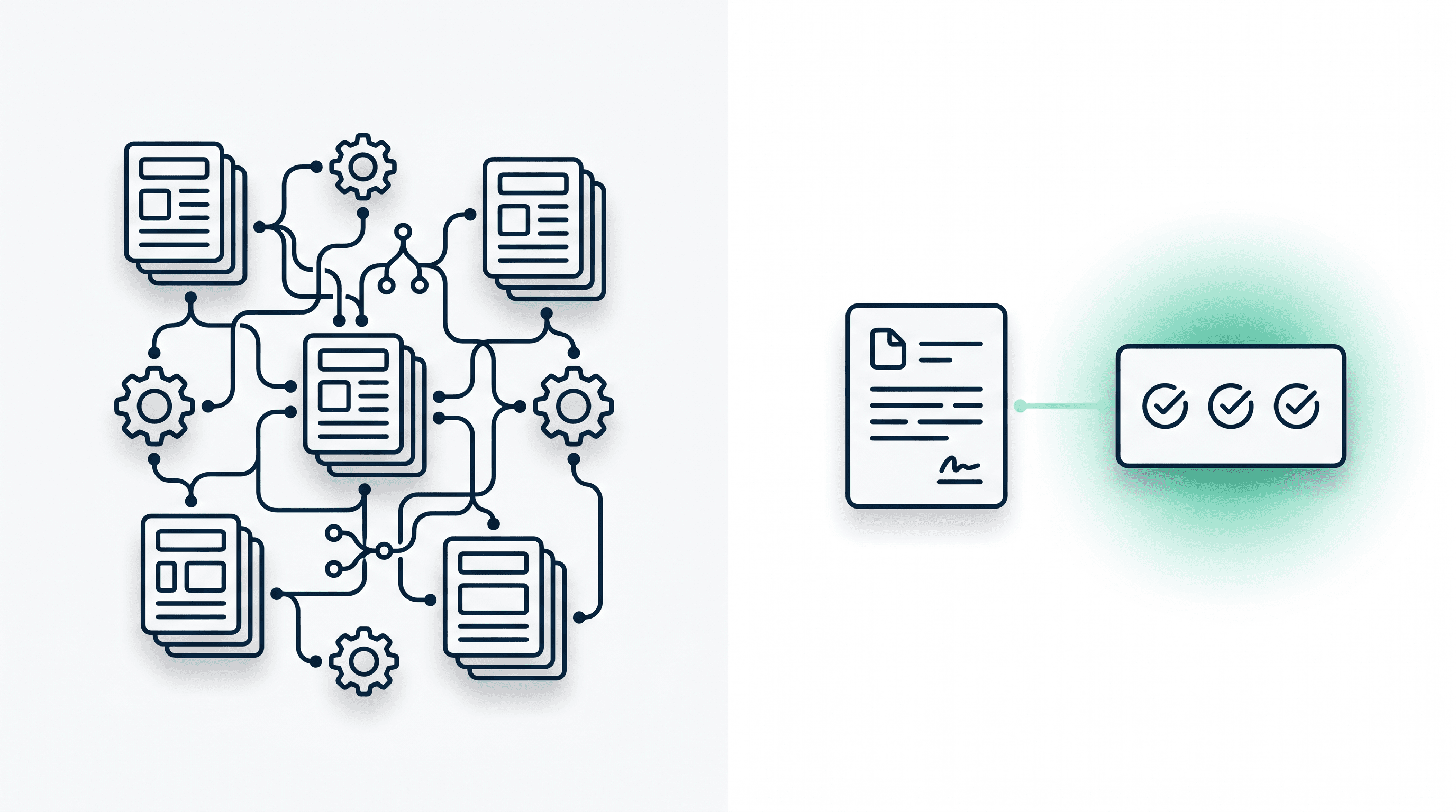 Split composition: a dense wired cluster of template cards, gears, and trigger nodes on the left representing months of building, versus a single contract connected to a finished timeline on the right representing connect and run.