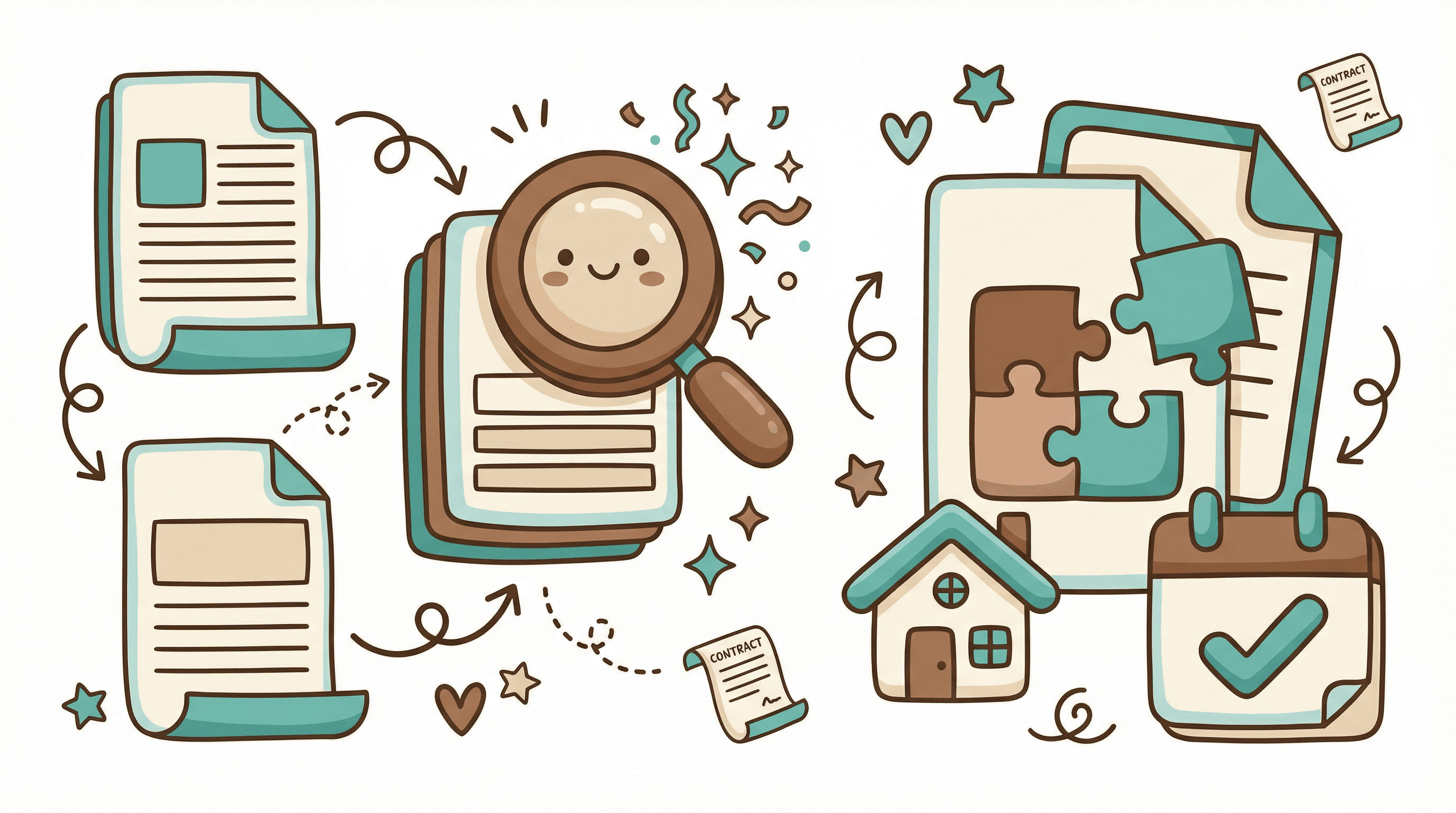 Playful illustration of contract documents being compared with a magnifying glass, puzzle pieces, and real estate motifs