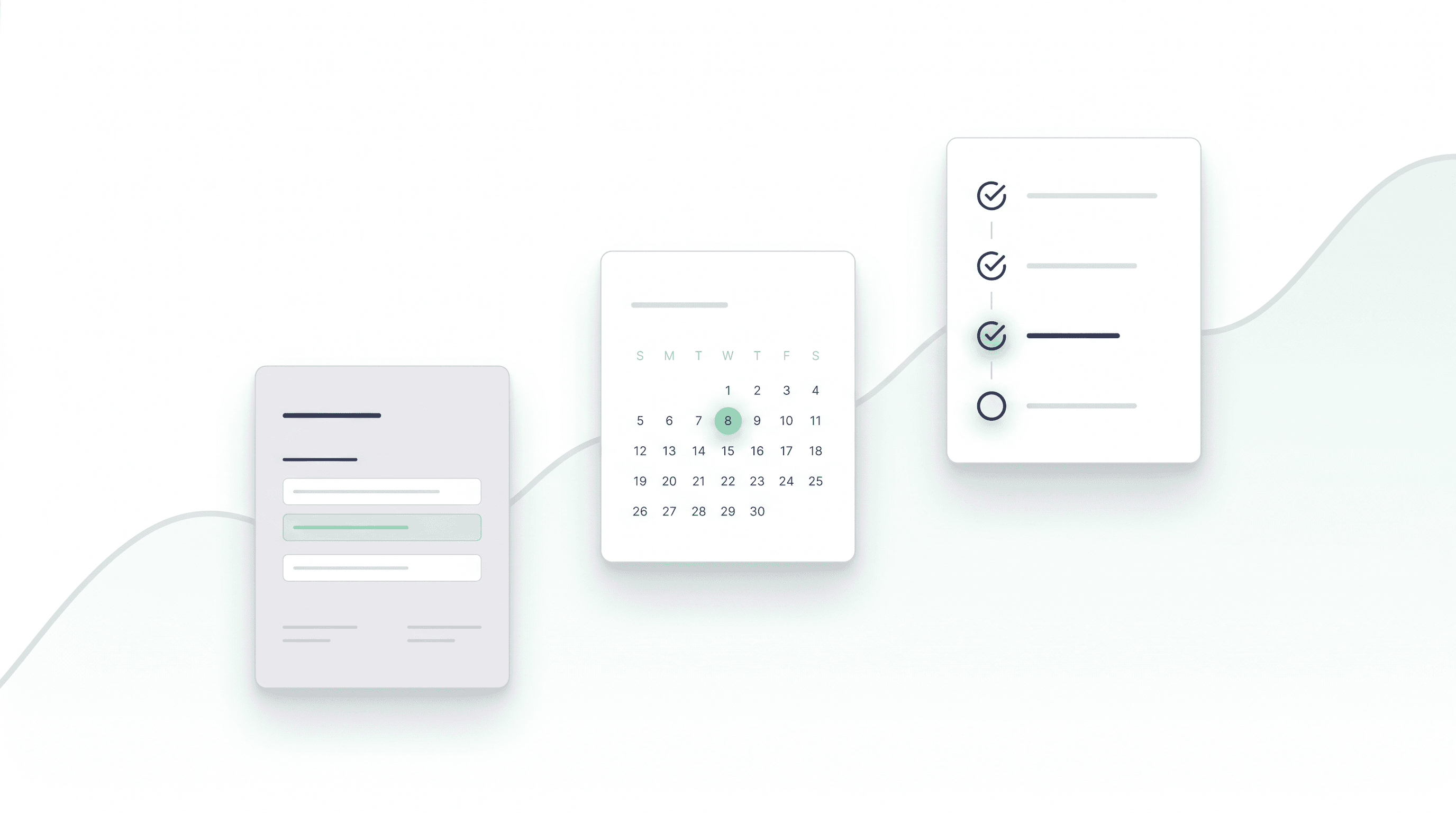 A clean Notion-style editorial composition: a contract card, a calendar with the closing date highlighted in mint, and a small timeline showing checked deadlines, conveying a calm high-volume TC operation.