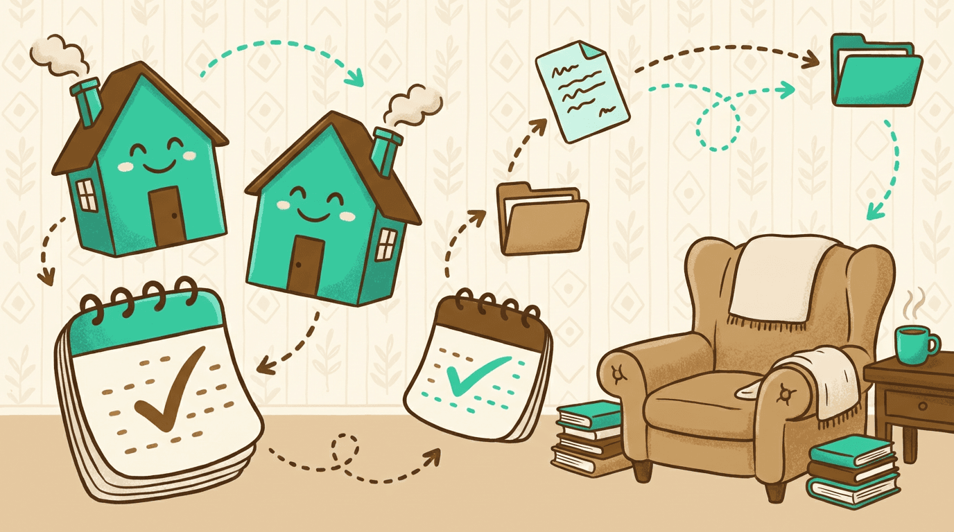 Playful illustration of automated real estate deadline management with calendars, houses, and checkmarks