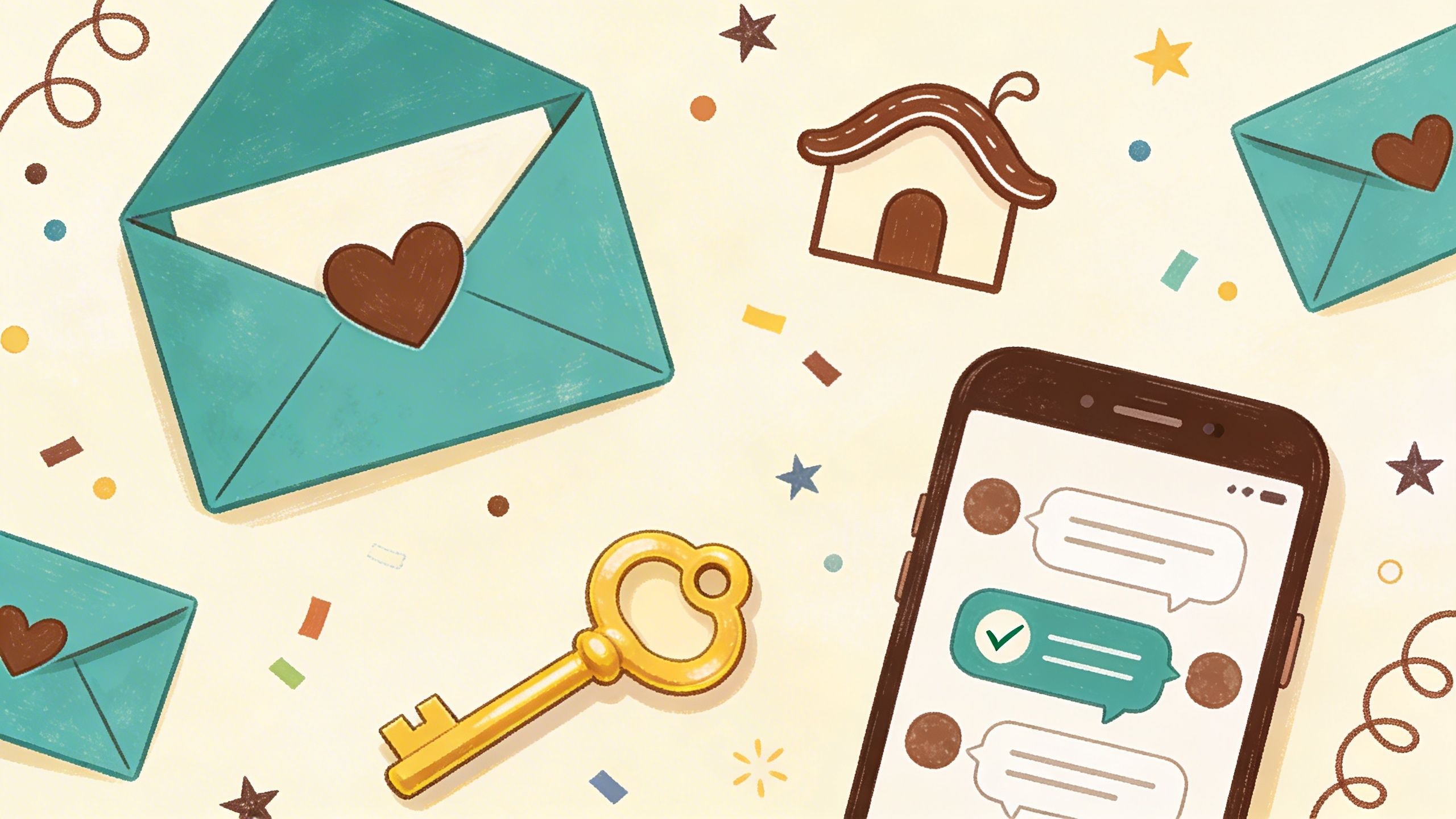 Playful illustration of real estate email marketing with teal envelopes, a house, a phone showing chat bubbles, and a golden key