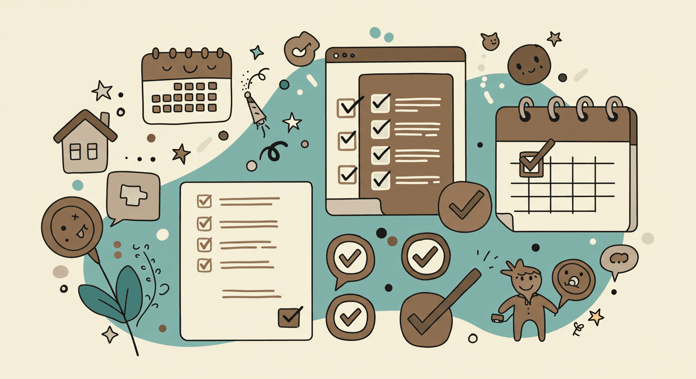 Playful illustration of automated checklist with calendars, checkmarks, and organized workflow elements in teal and brown colors