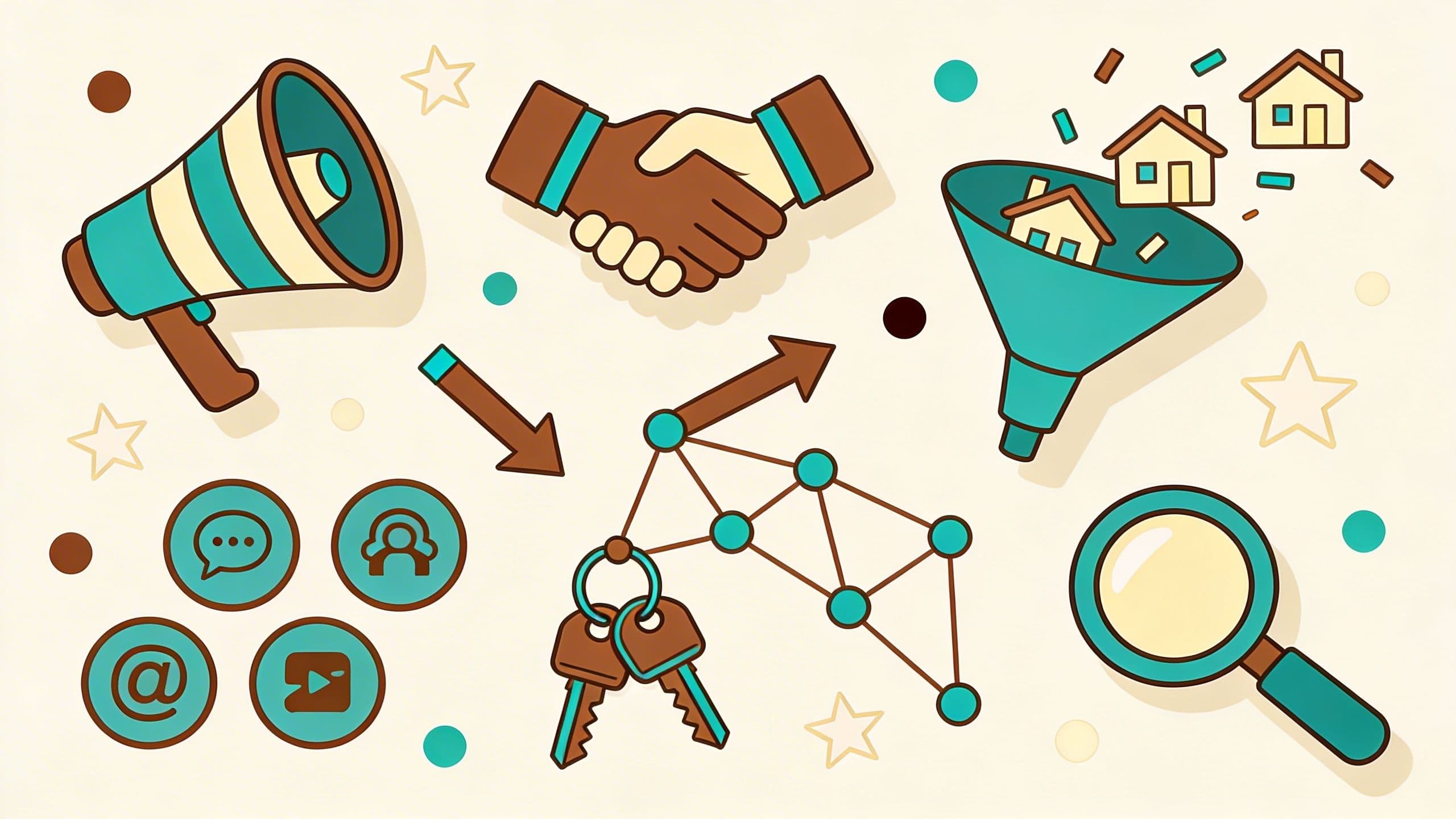 Playful illustration of real estate lead generation with a megaphone, handshake, house funnel, social media icons, referral network nodes, and a magnifying glass