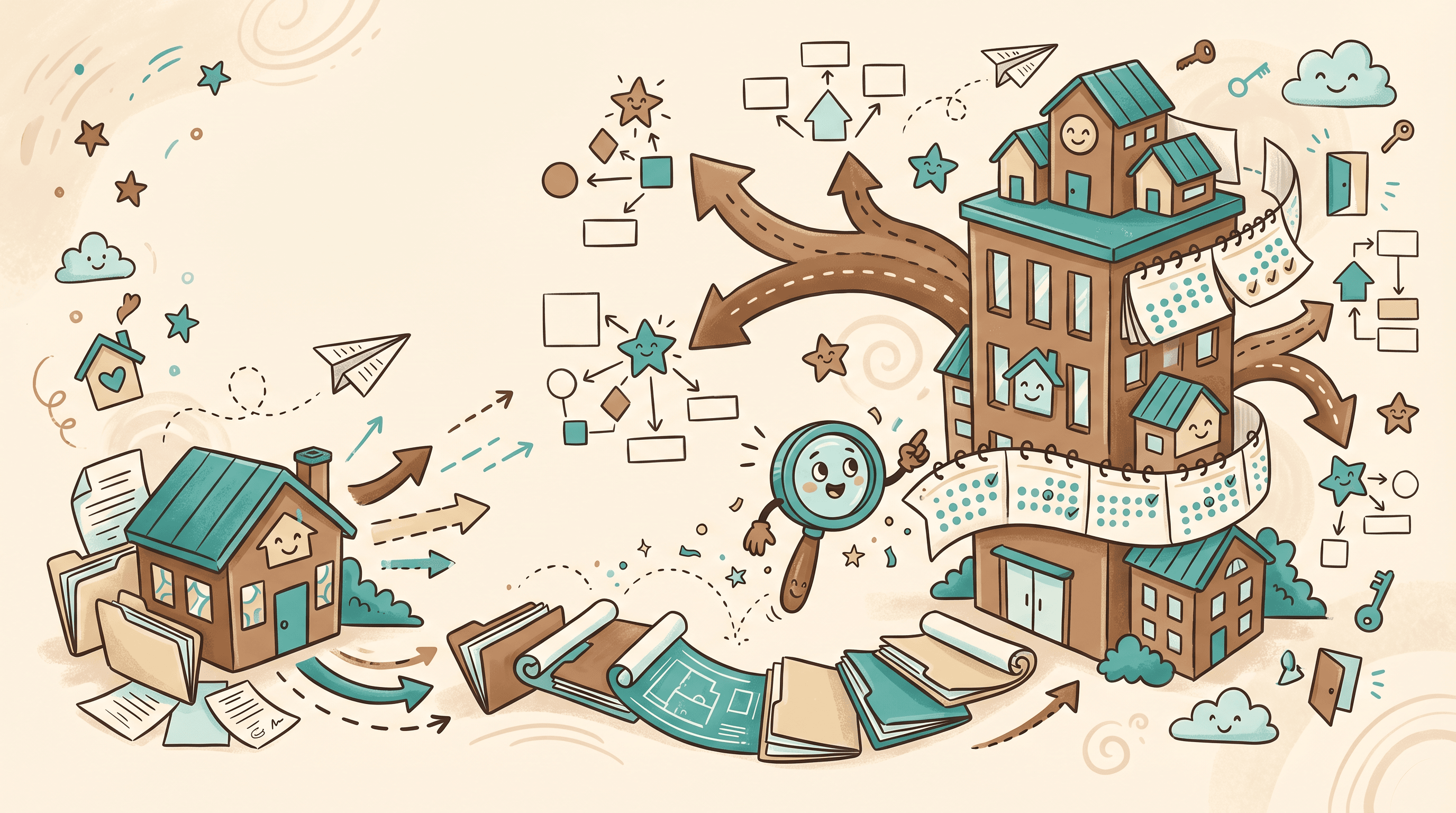 Illustration of a small real estate office growing into a larger one, with branching arrows, stacked files, and a calendar timeline stretching across the scene